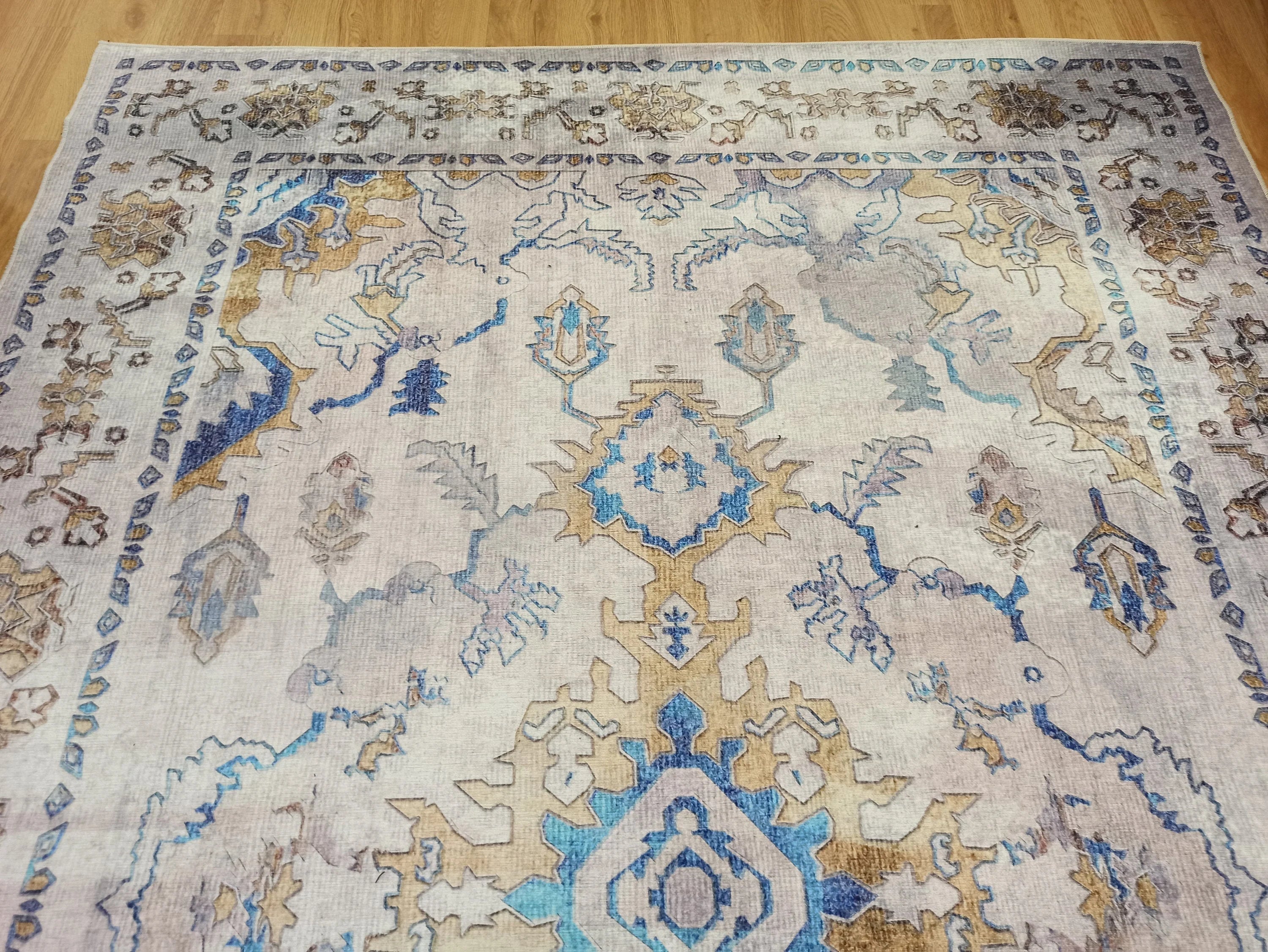 Bej ve Mavi Eskitme Desenli Vintage Halı - OUTLET - 12791OU