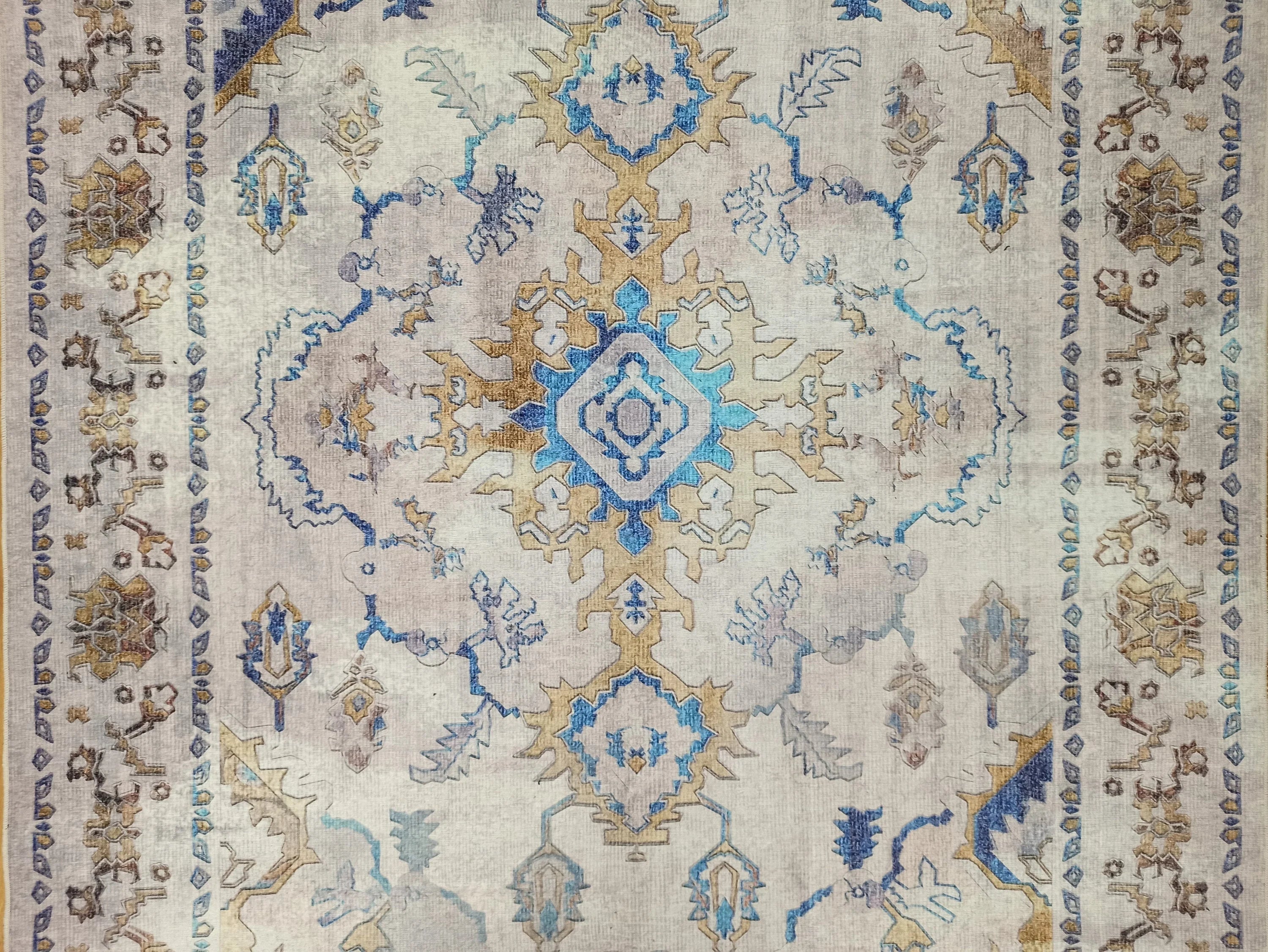 Bej ve Mavi Eskitme Desenli Vintage Halı - OUTLET - 12791OU