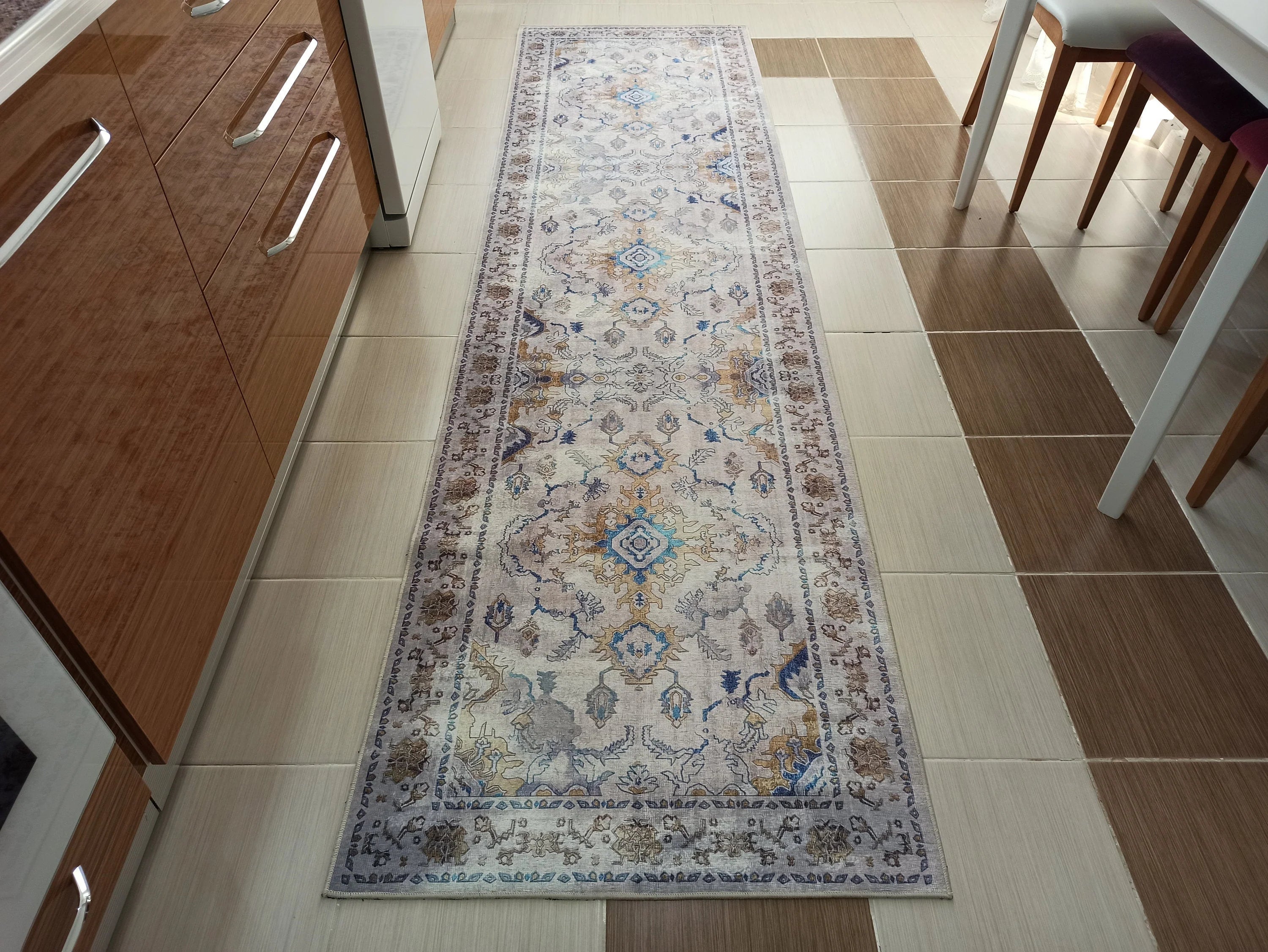 Bej ve Mavi Eskitme Desenli Vintage Halı - OUTLET - 12791OU