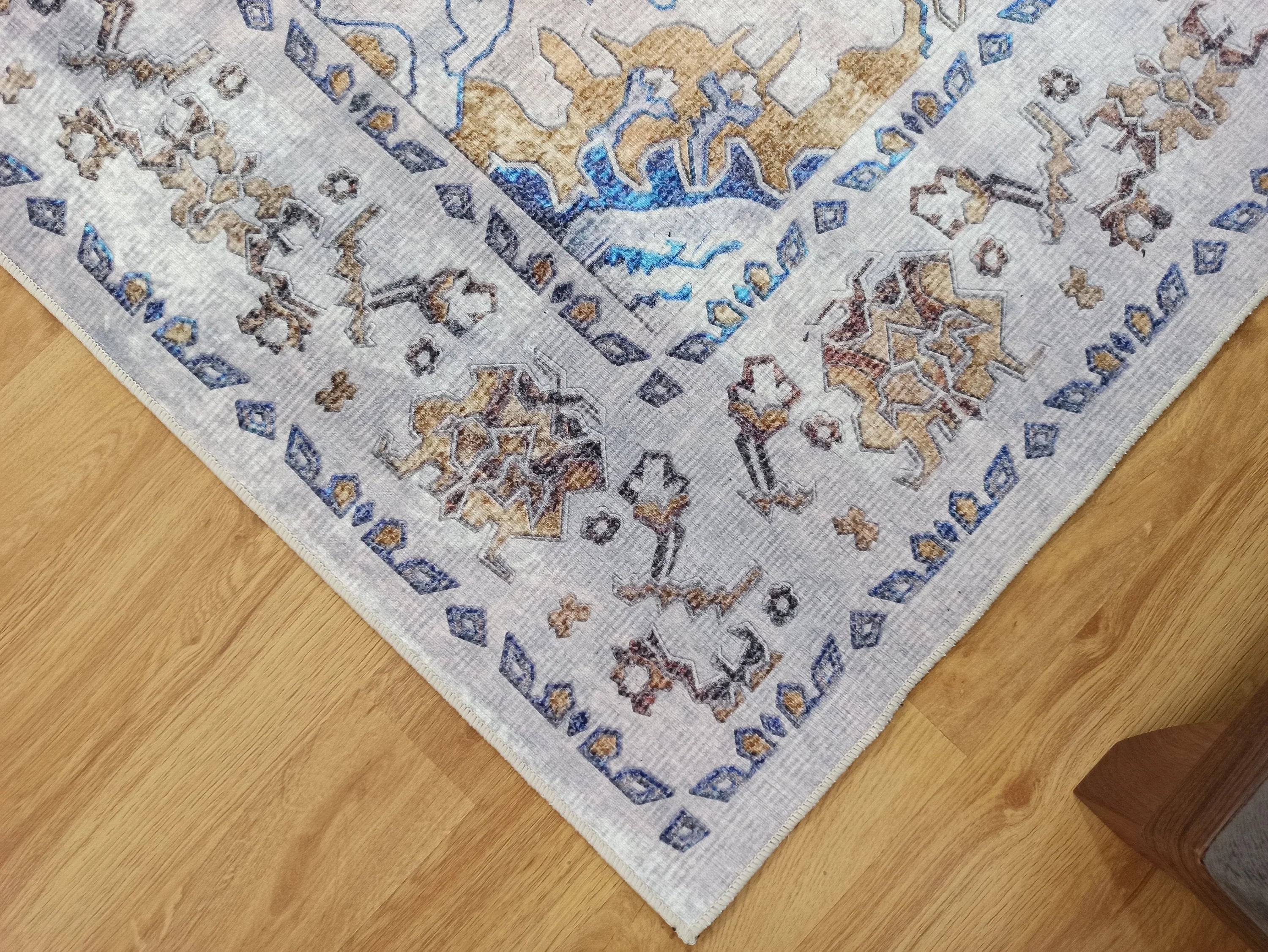 Bej ve Mavi Eskitme Desenli Vintage Halı - OUTLET - 12791OU
