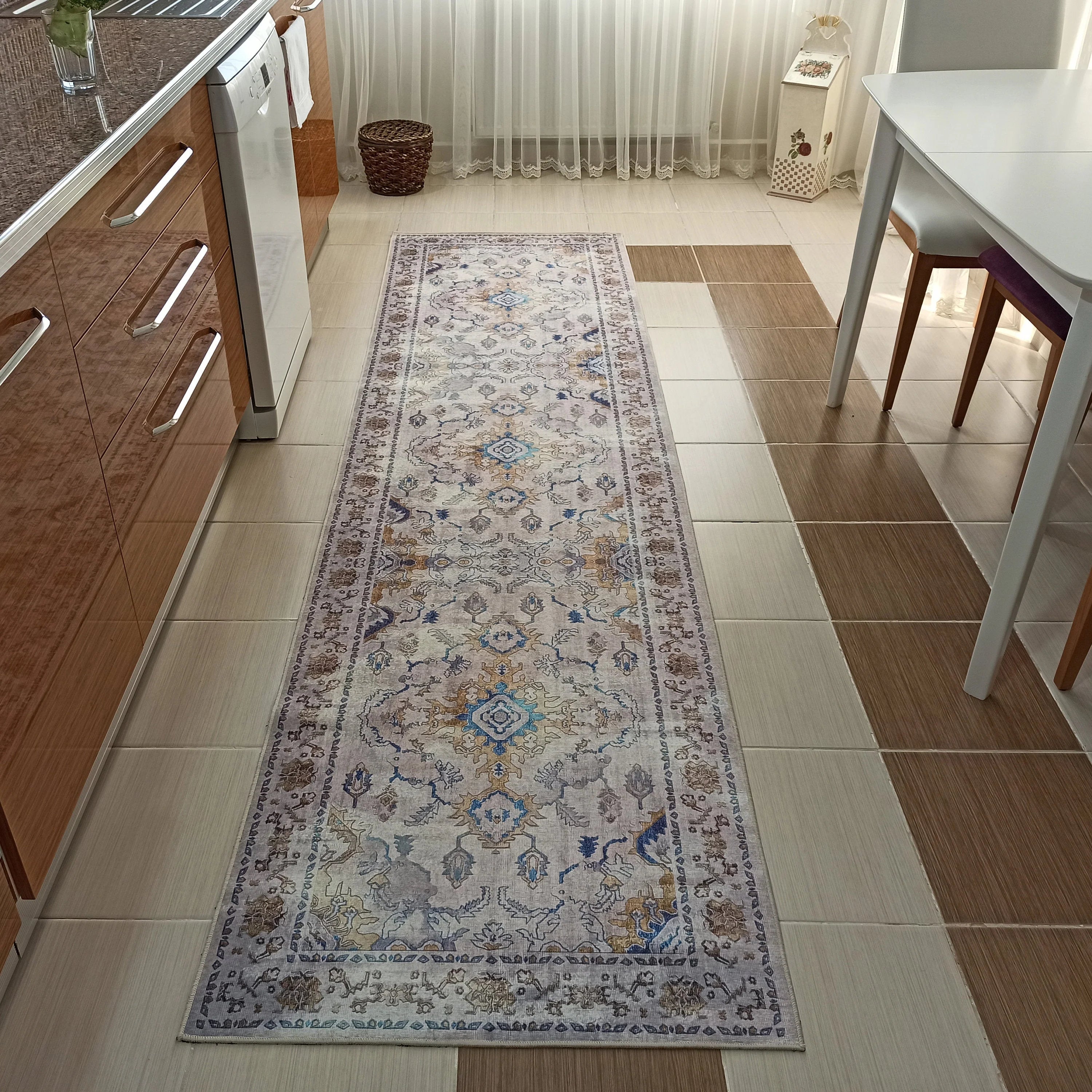 Bej ve Mavi Eskitme Desenli Vintage Halı - OUTLET - 12791OU