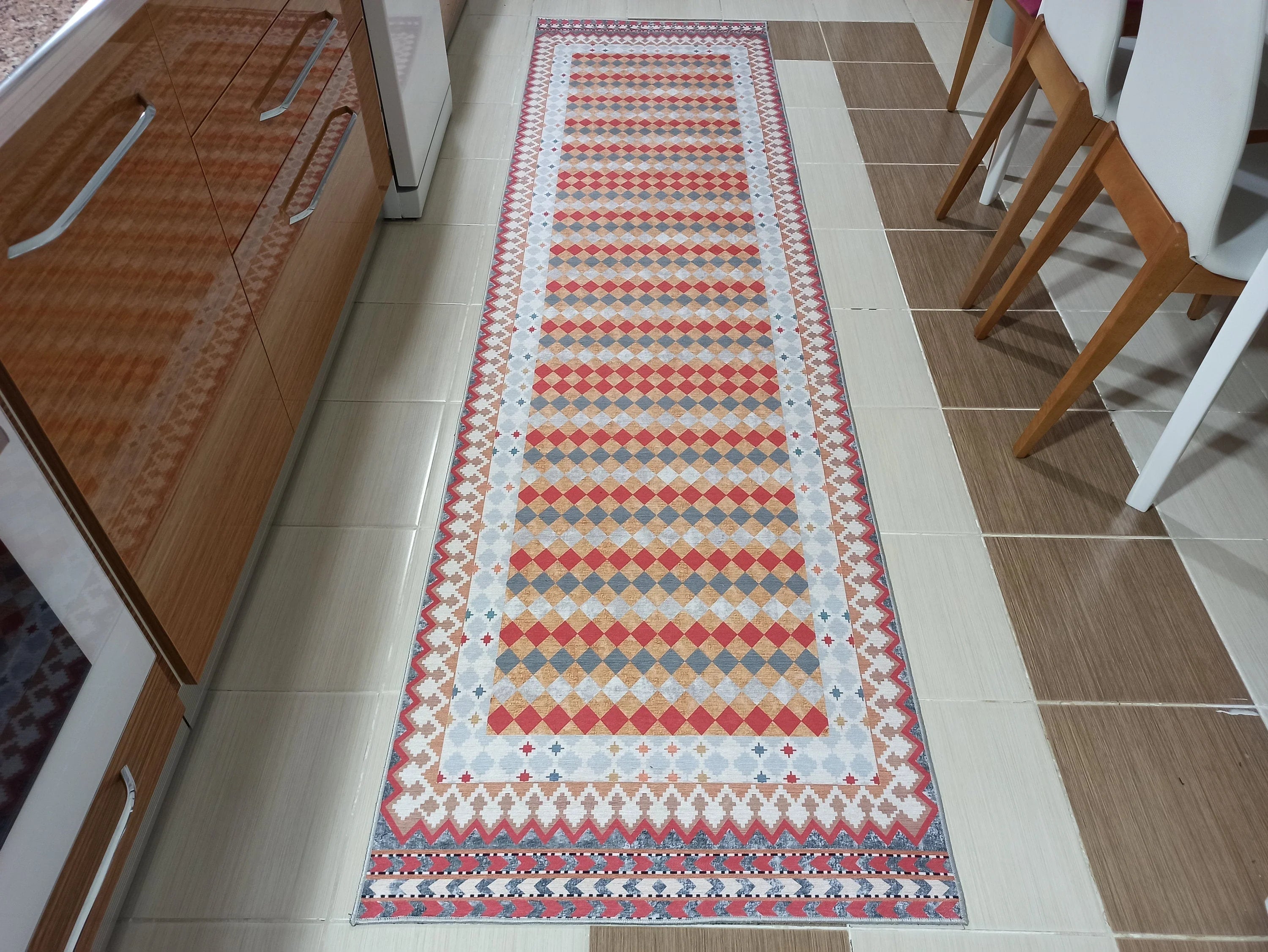 Kiremit ve Hardal Dama Desenli Çok Renkli Kilim Halı - OUTLET - 12882OU