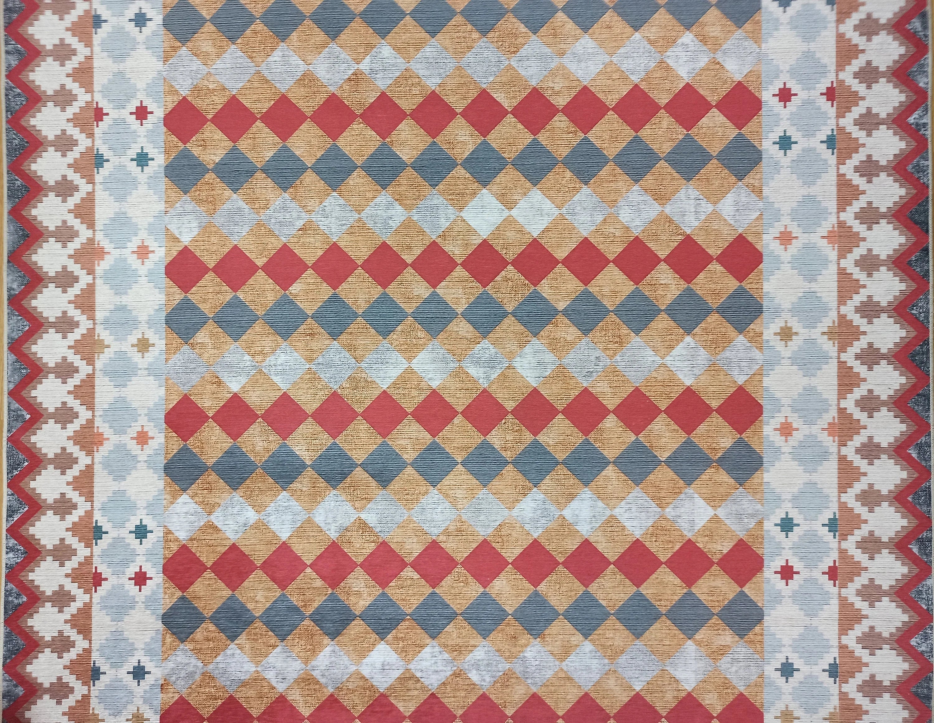 Kiremit ve Hardal Dama Desenli Çok Renkli Kilim Halı - OUTLET - 12882OU
