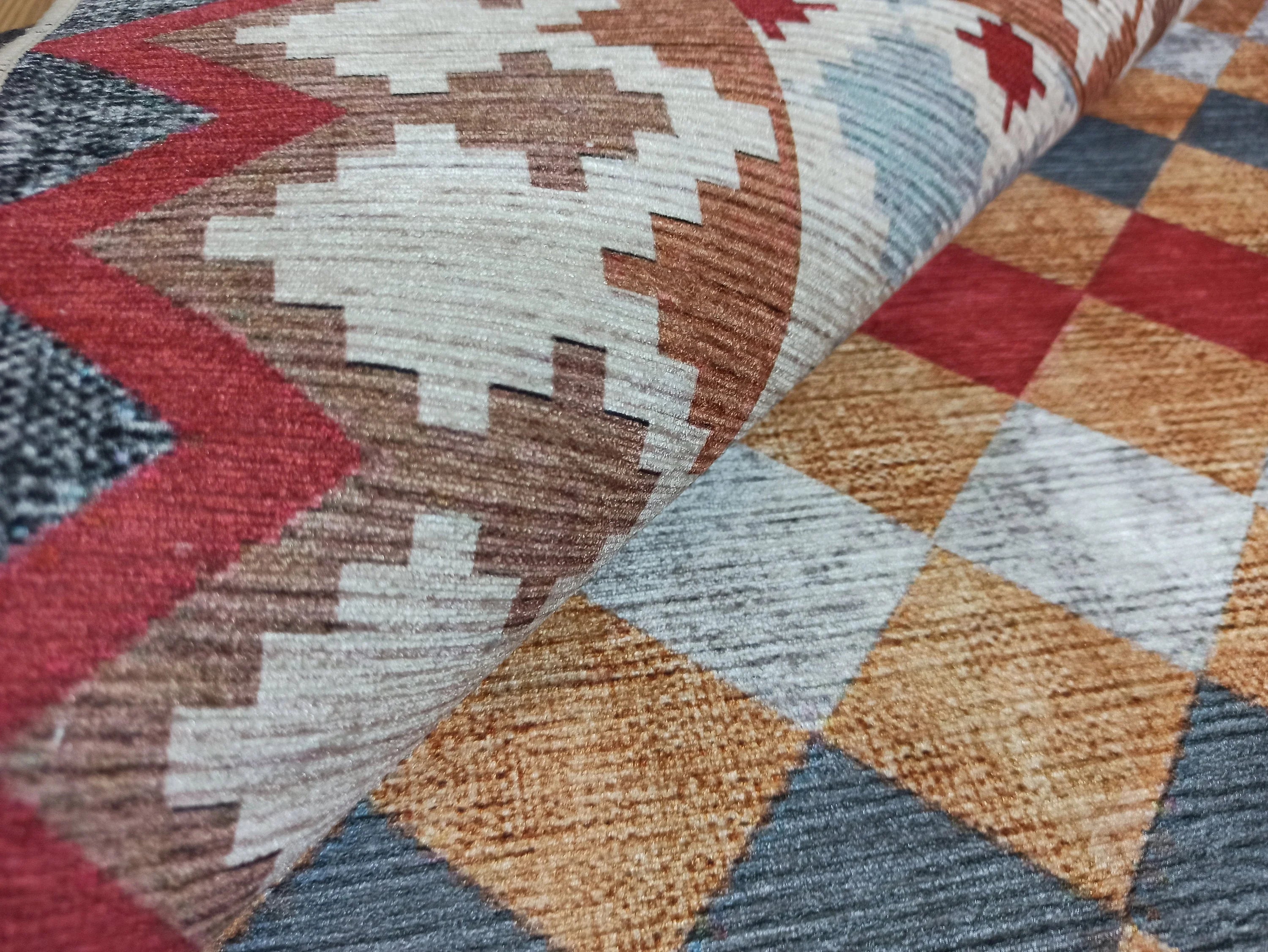 Kiremit ve Hardal Dama Desenli Çok Renkli Kilim Halı - OUTLET - 12882OU