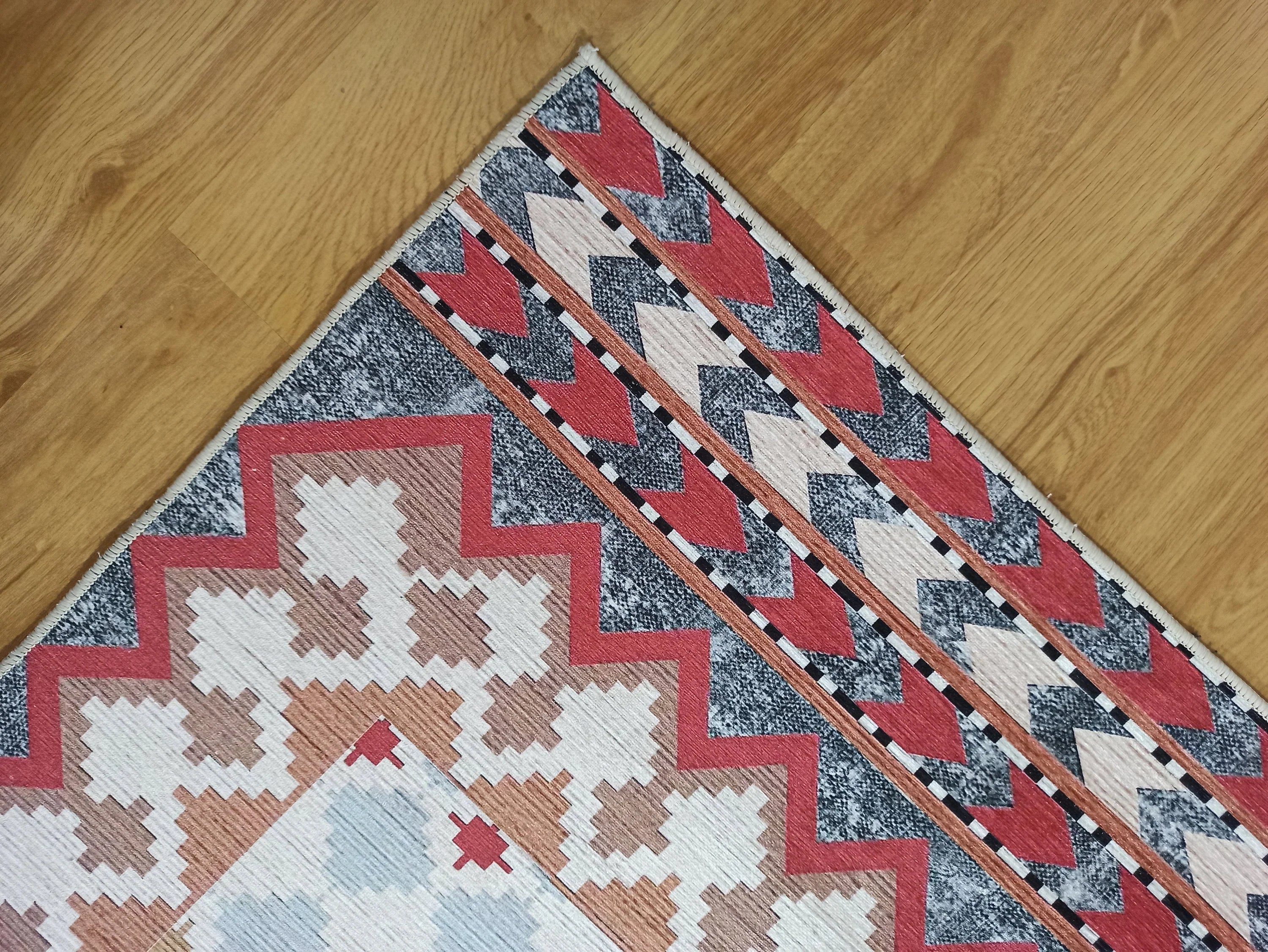 Kiremit ve Hardal Dama Desenli Çok Renkli Kilim Halı - OUTLET - 12882OU