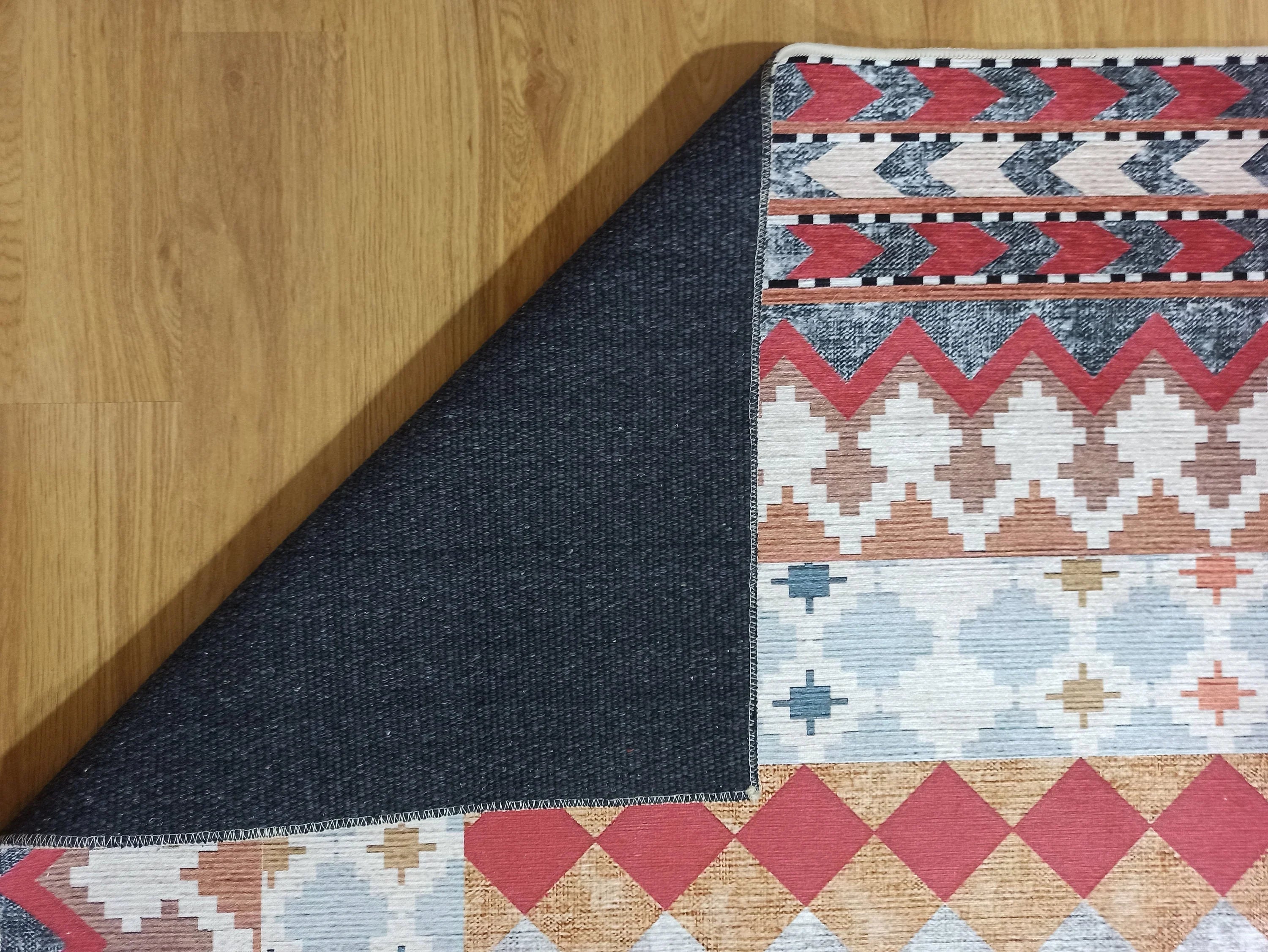 Kiremit ve Hardal Dama Desenli Çok Renkli Kilim Halı - OUTLET - 12882OU