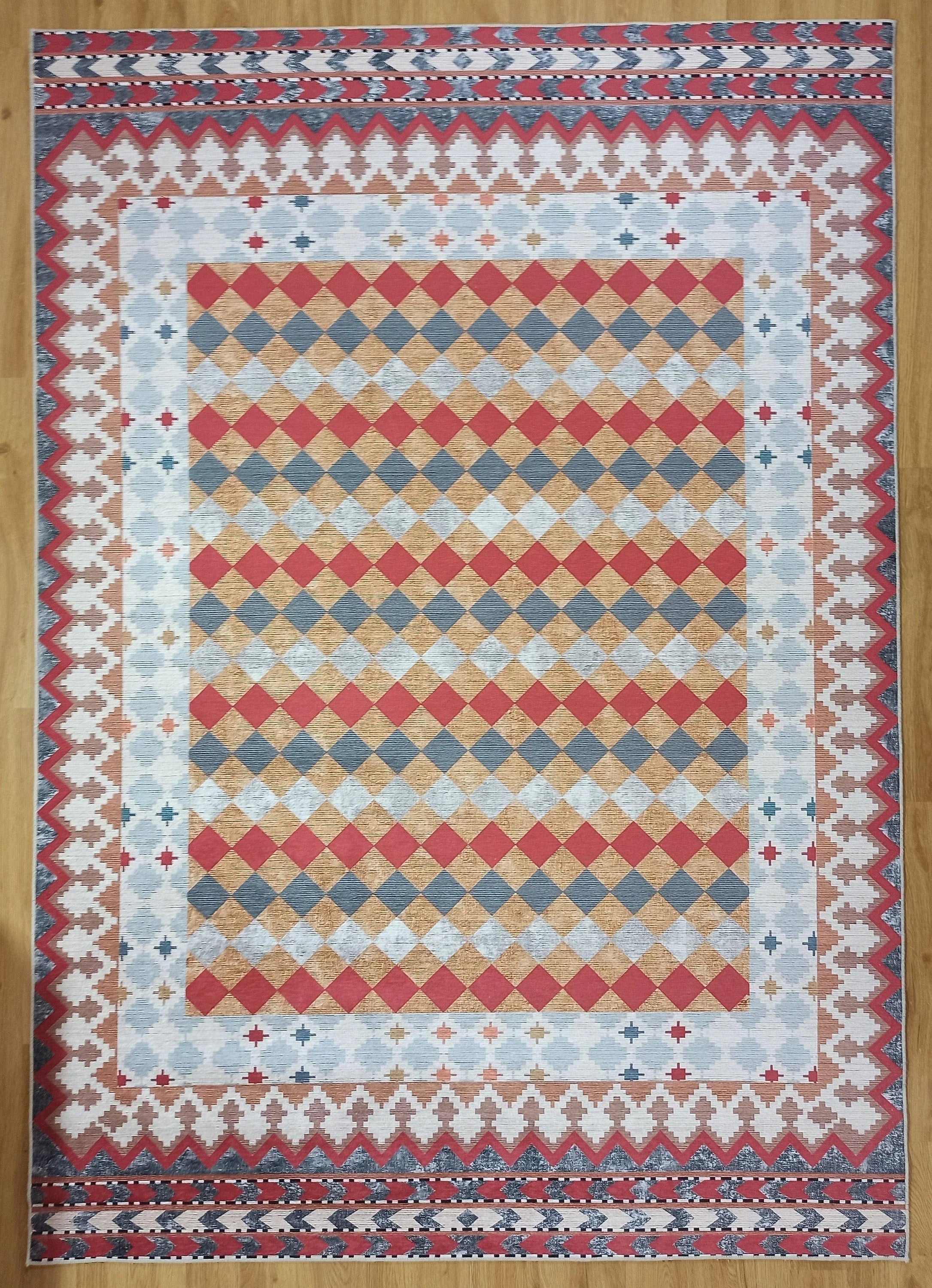 Kiremit ve Hardal Dama Desenli Çok Renkli Kilim Halı - OUTLET - 12882OU