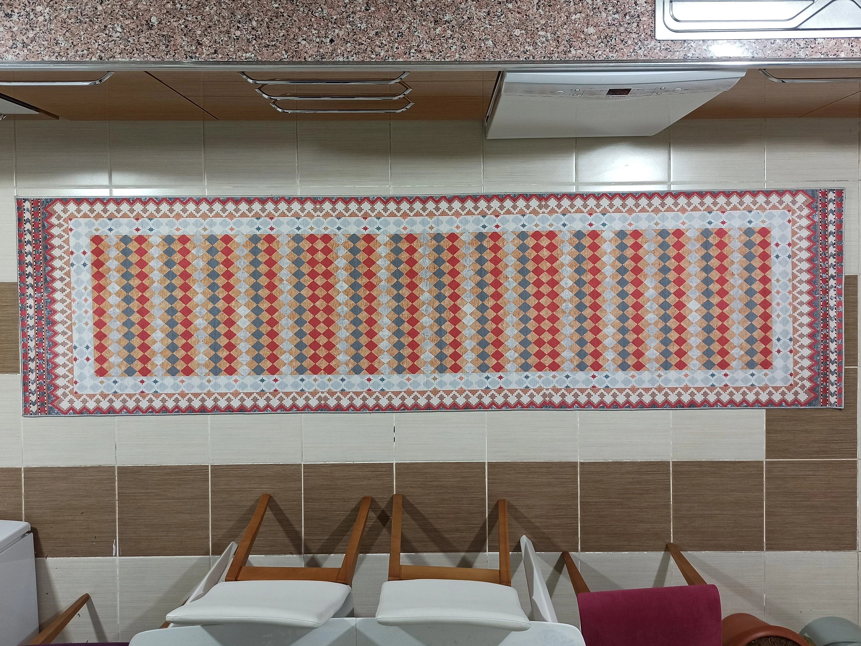 Kiremit ve Hardal Dama Desenli Çok Renkli Kilim Halı - OUTLET - 12882OU