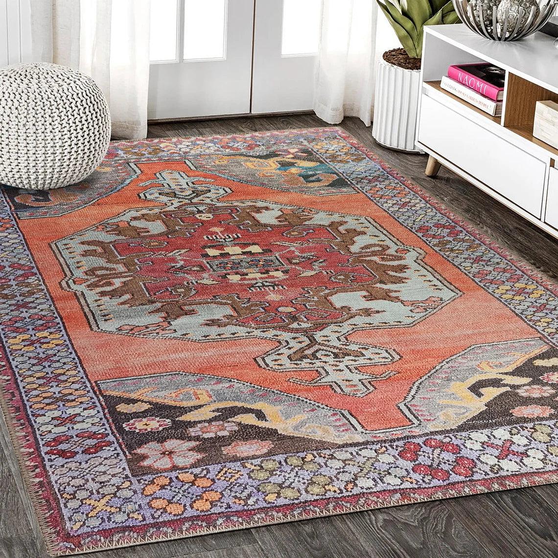 Mercan ve Mor Medalyonlu Vintage Türk Halısı - OUTLET - 15008KOU