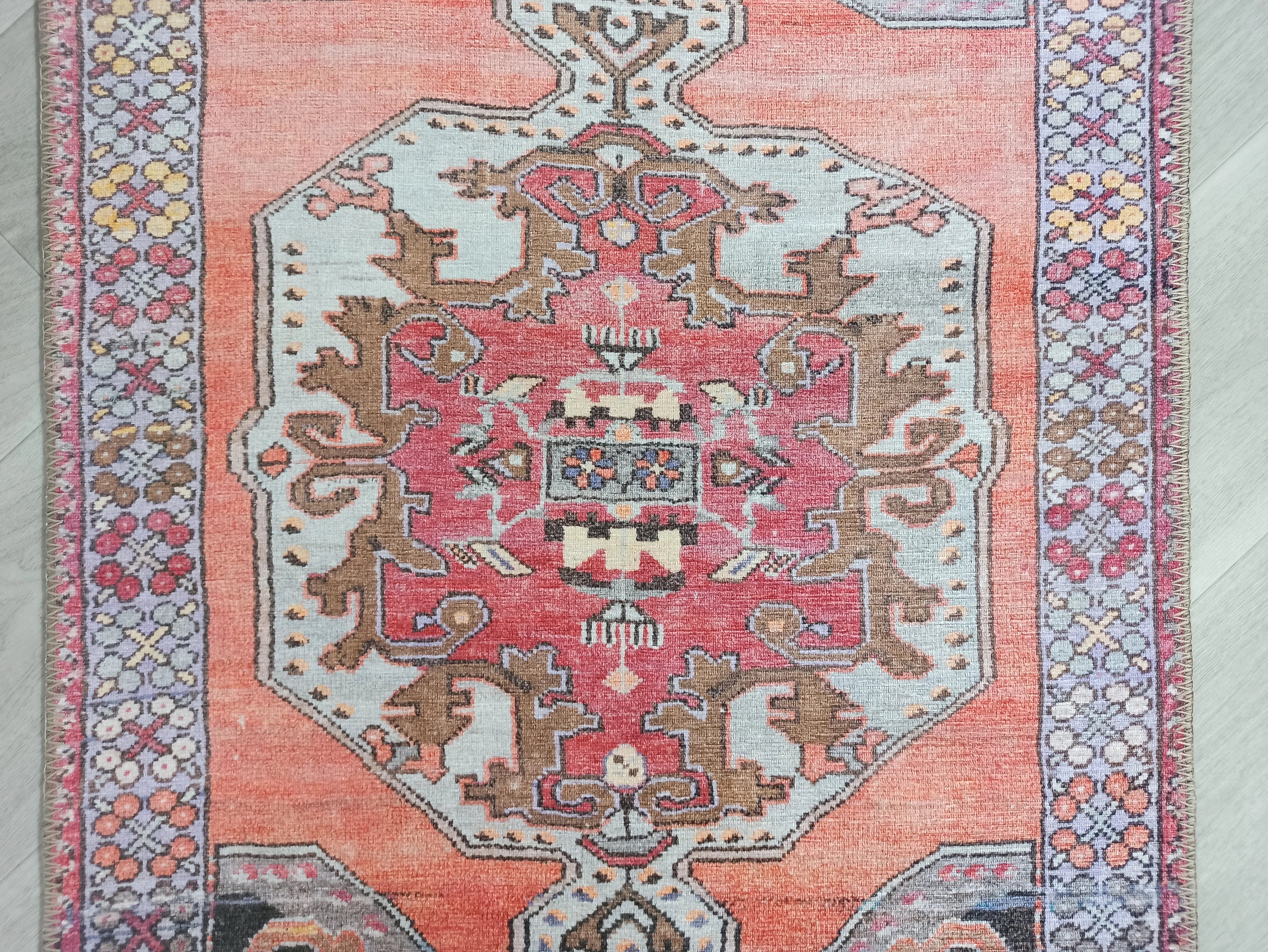 Mercan ve Mor Medalyonlu Vintage Türk Halısı - OUTLET - 15008KOU