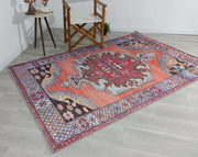 Mercan ve Mor Medalyonlu Vintage Türk Halısı - OUTLET - 15008KOU