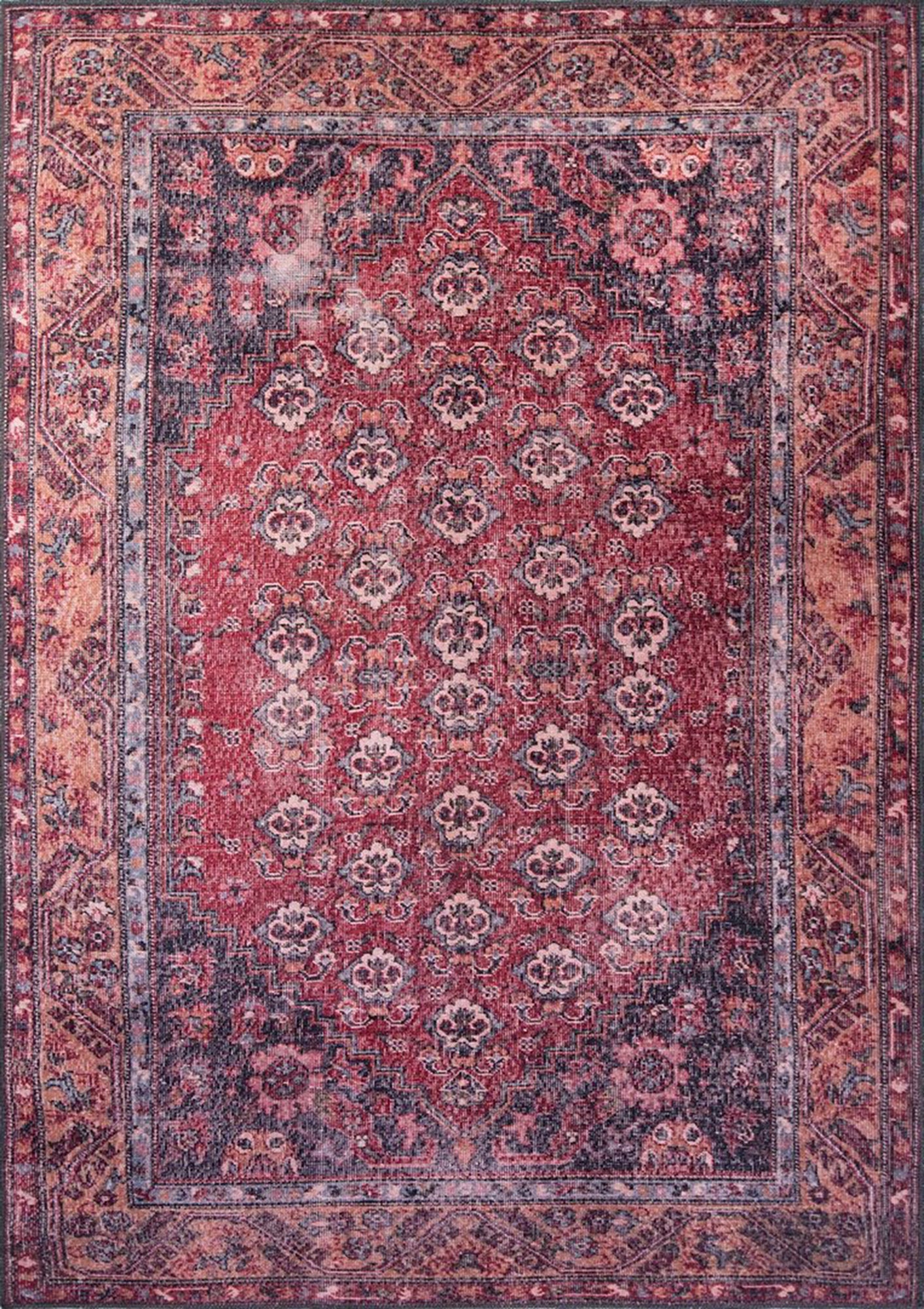 Bordo ve Lacivert Geometrik Desenli Geleneksel Halı