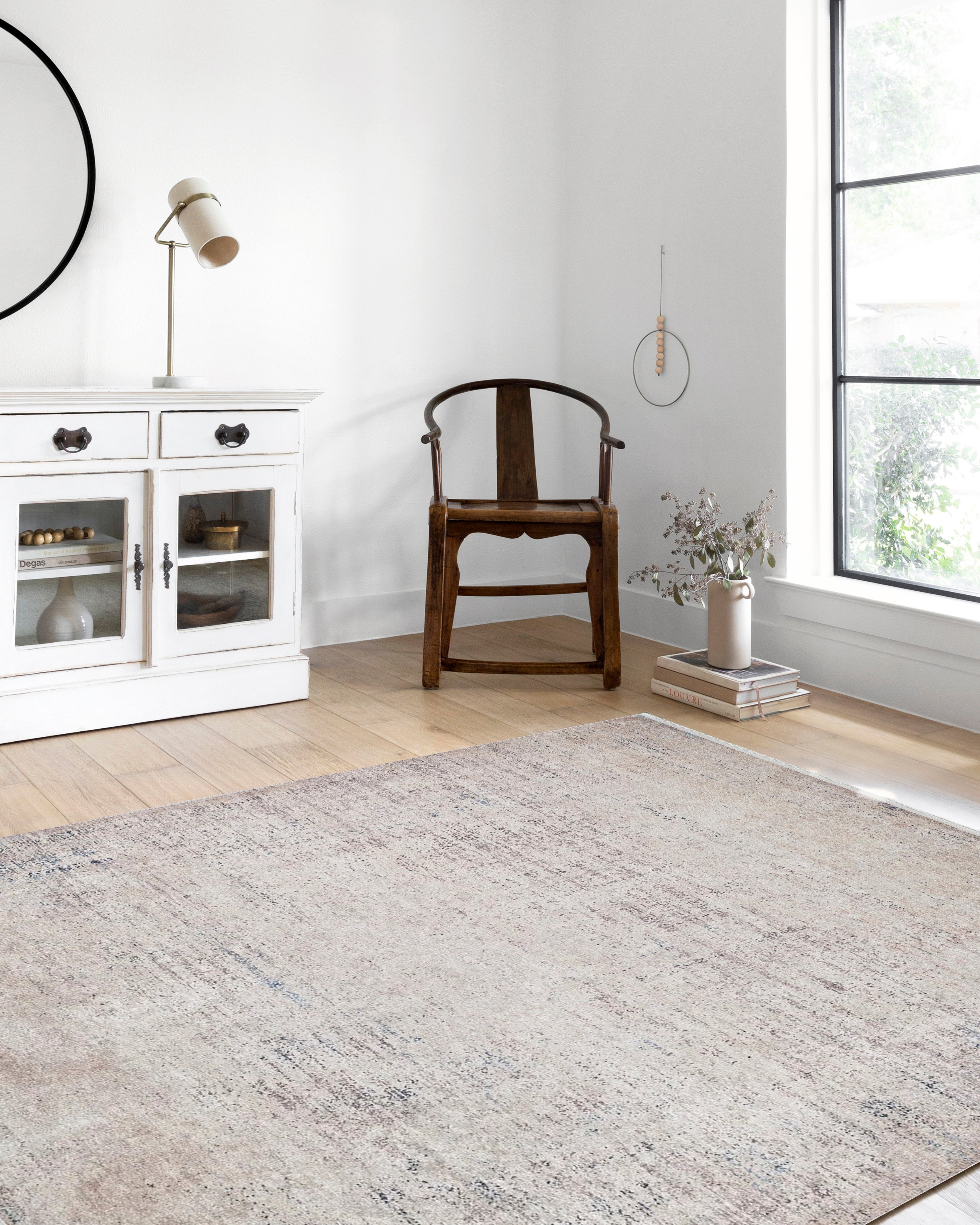 Soft Bej Krem Mavi Detaylı Sade Halı