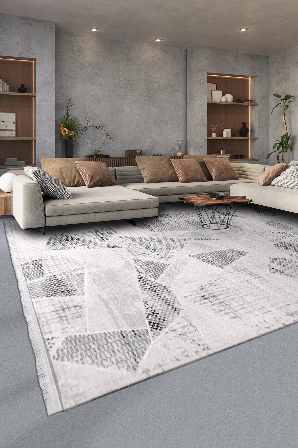 Gri ve Beyaz Geometrik Prizma Desenli Halı