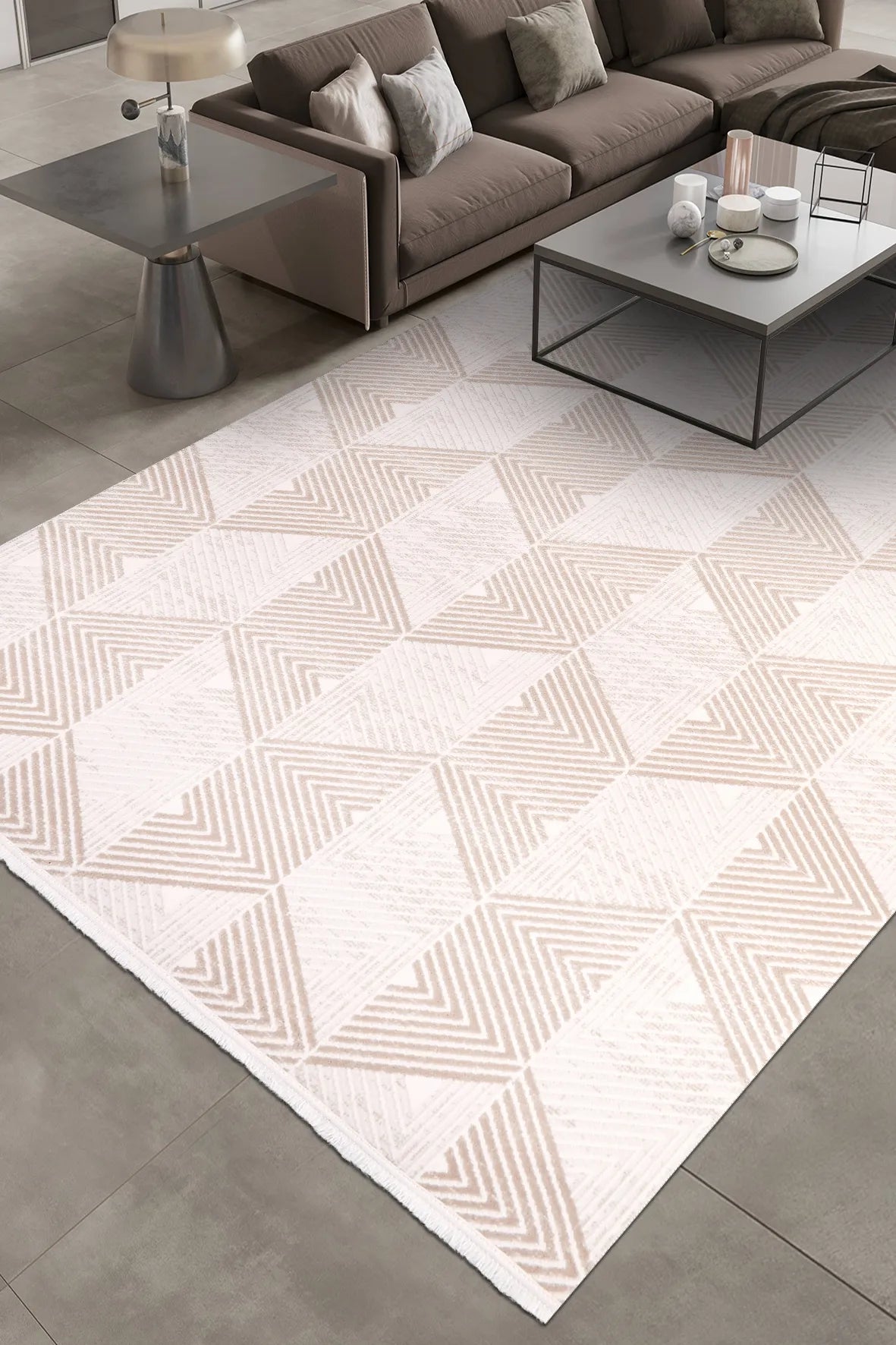 Bej ve Krem zikzak Desenli Modern Halı