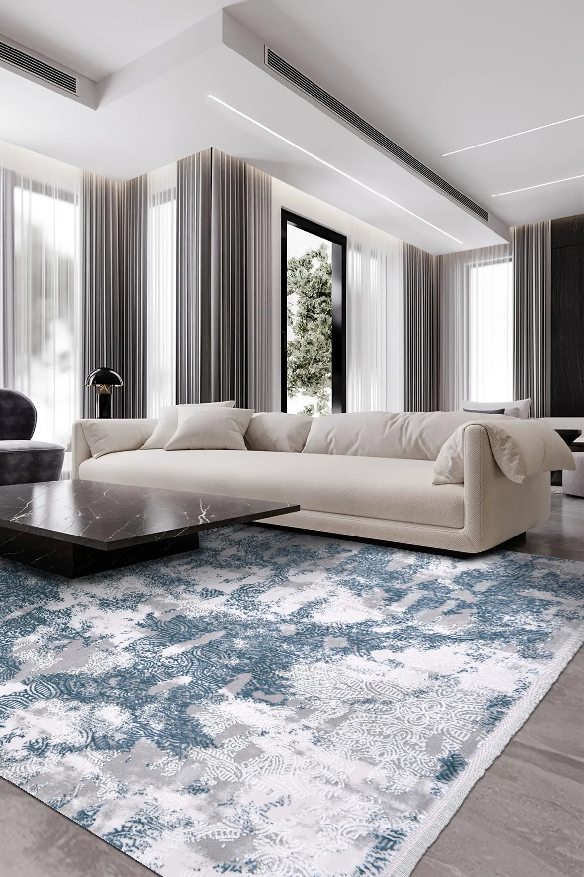 Mavi ve Gri Eskitme Desenli Modern Halı