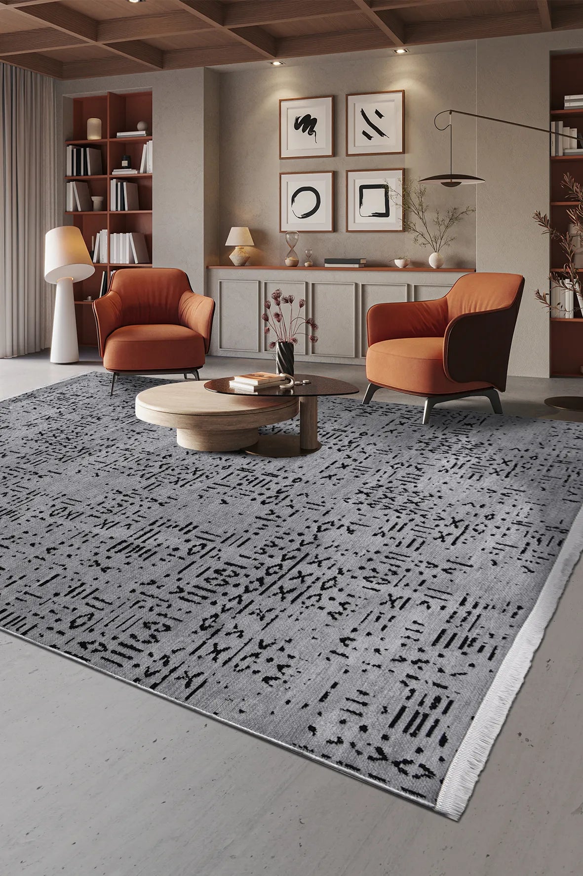 Gri ve Antrasit Etnik Desenli Modern Halı