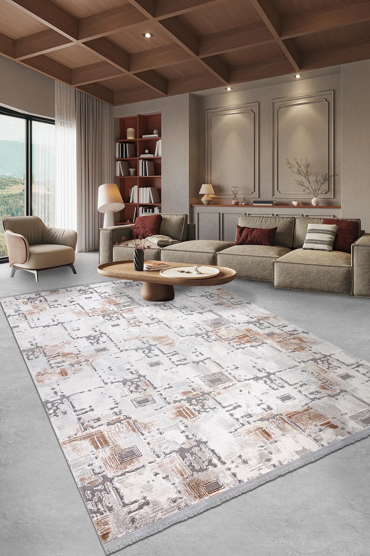 Kiremit ve Gri Soyut Modern Halı