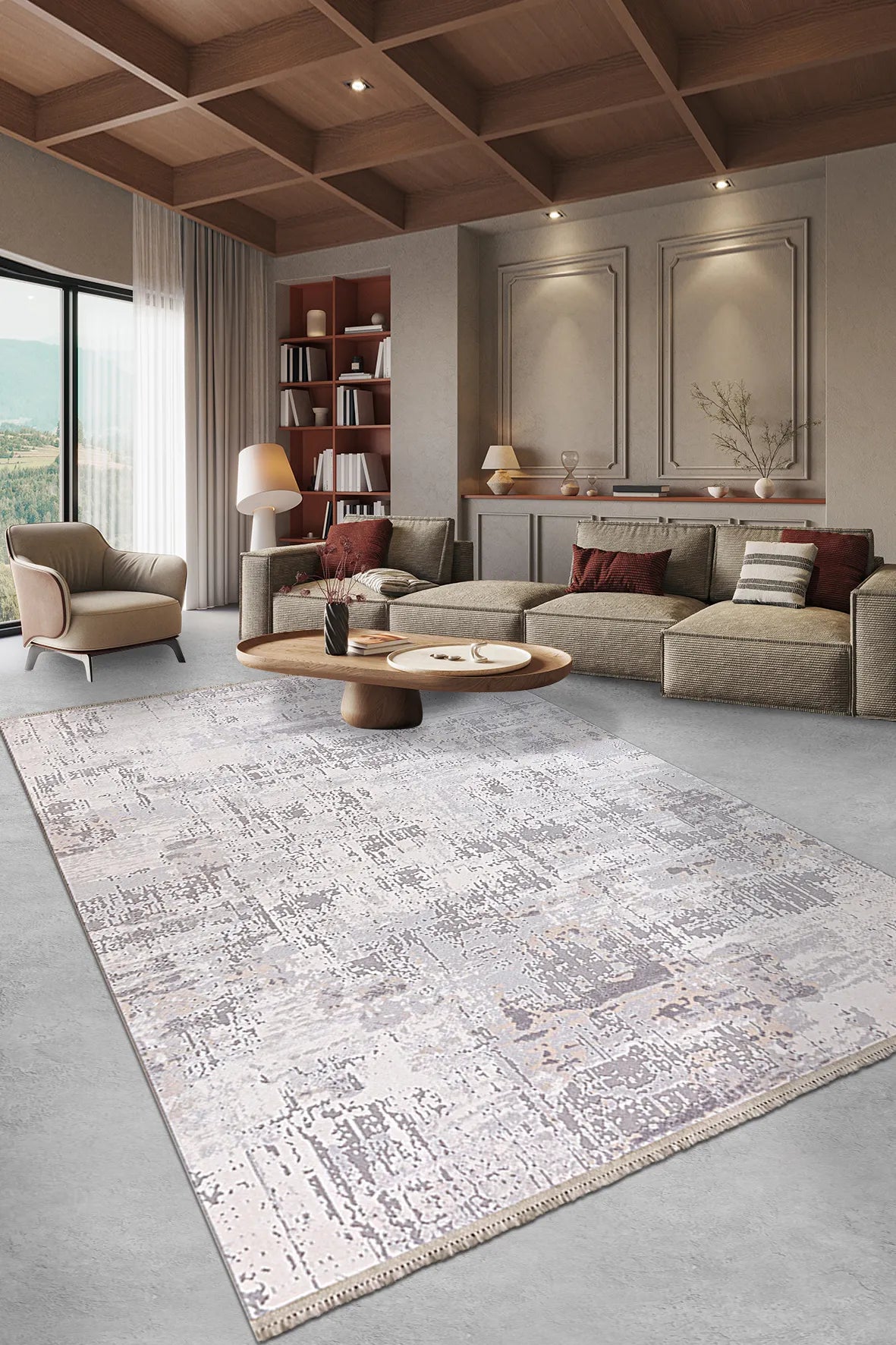 Gri ve Krem Abstract Soyut Eskitme Desenli Halı