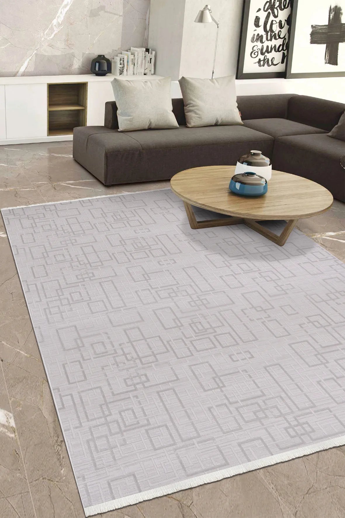 Bej ve Gri Geometrik Dikdörtgen Desenli Halı