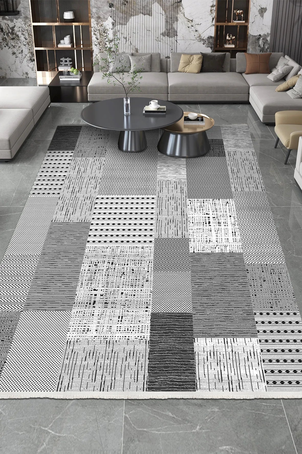 Siyah ve Beyaz Patchwork Desenli Halı
