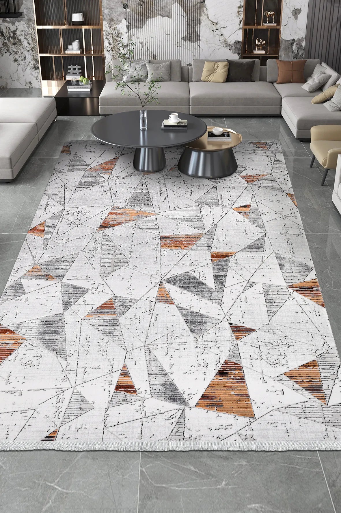 Gri ve Turuncu Geometrik Desenli Halı