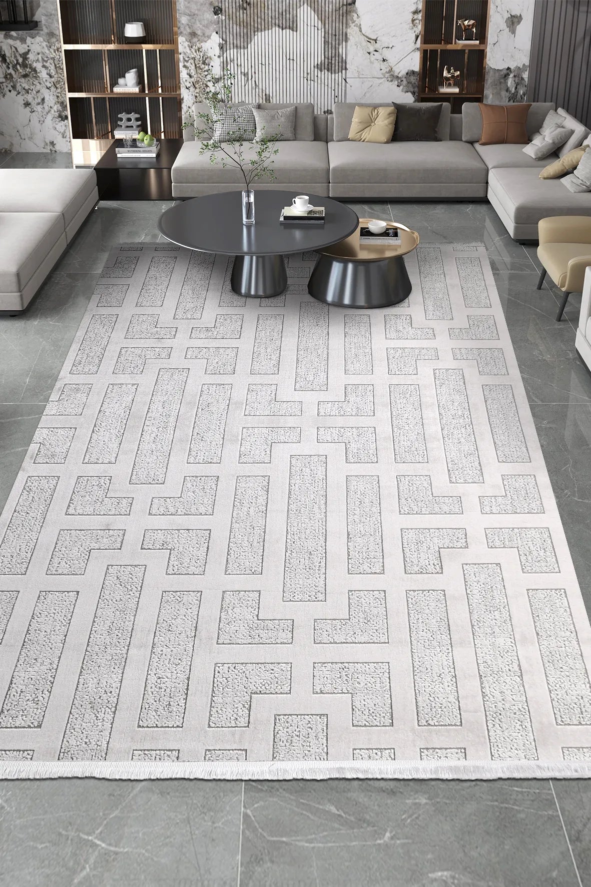 Gri ve Bej Geometrik Modern Halı