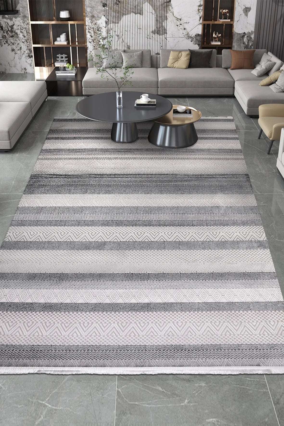 Gri ve Bej Çizgili Kilim Desenli Halı