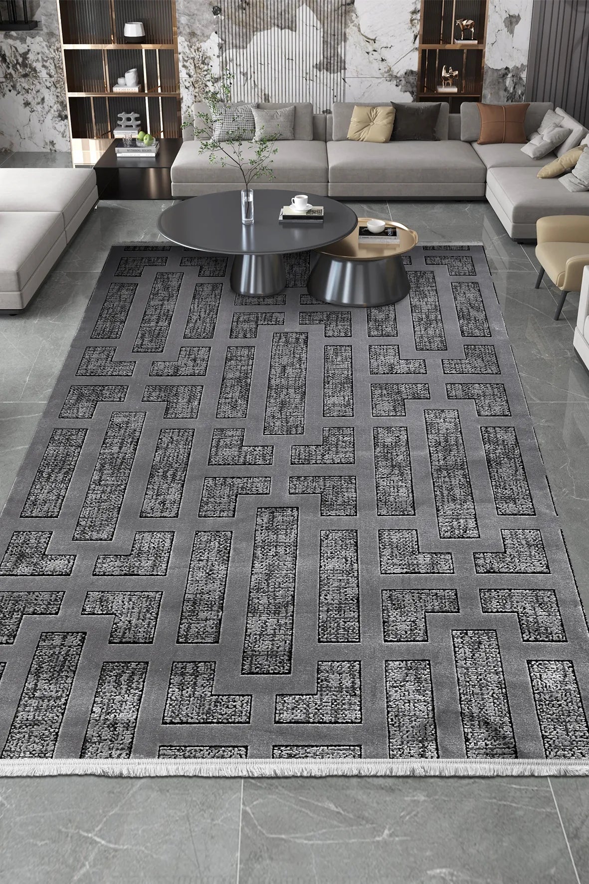 Antrasit ve Gümüş Damask Desenli Halı