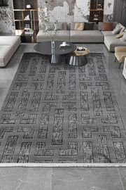 Antrasit ve Gümüş Damask Desenli Halı