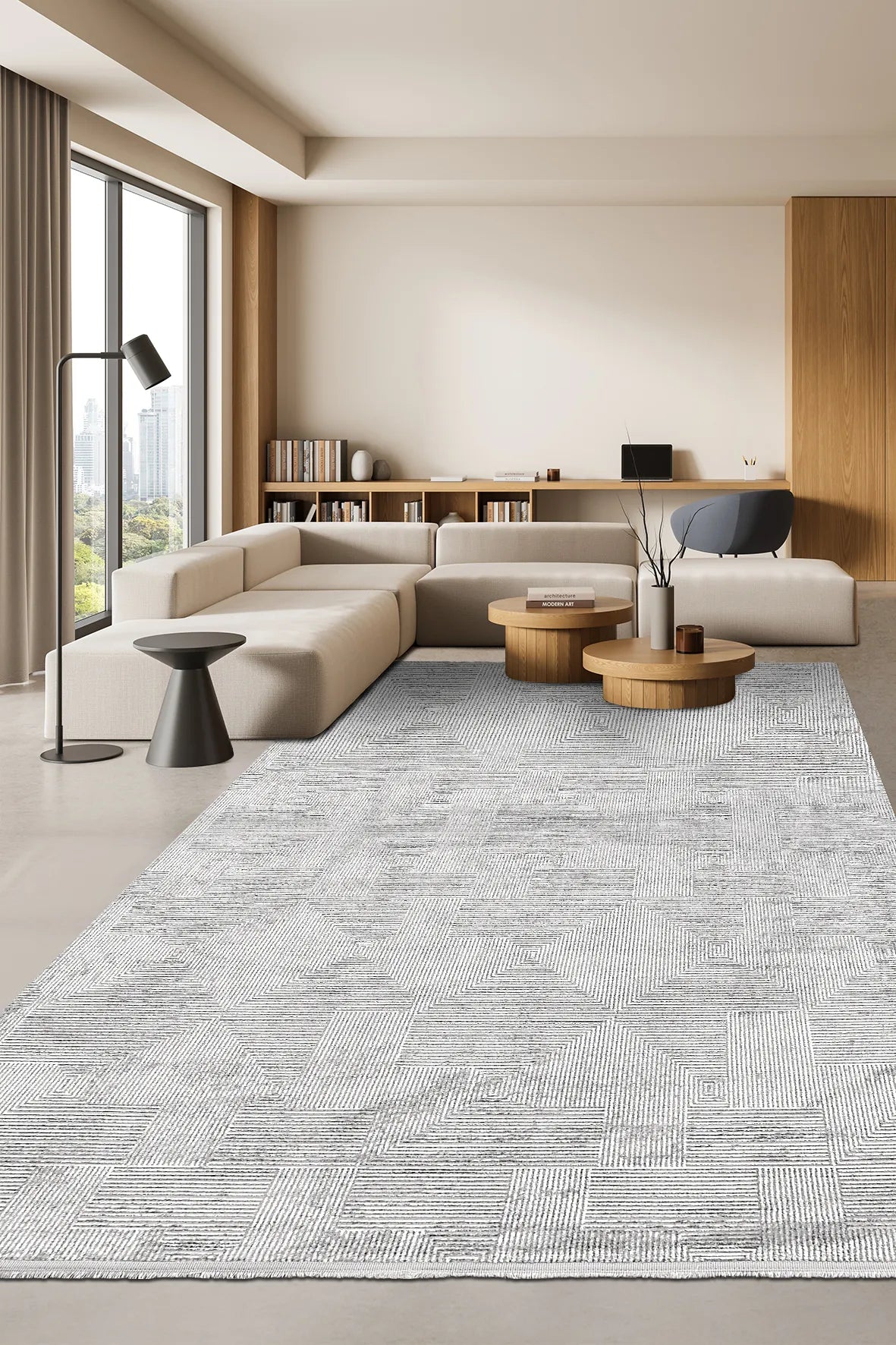 Beyaz Gri Geometrik Kare Desenli Halı