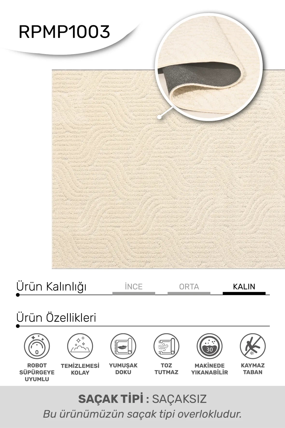 Krem Dalga Kabartma Desenli Yumuşak Halı