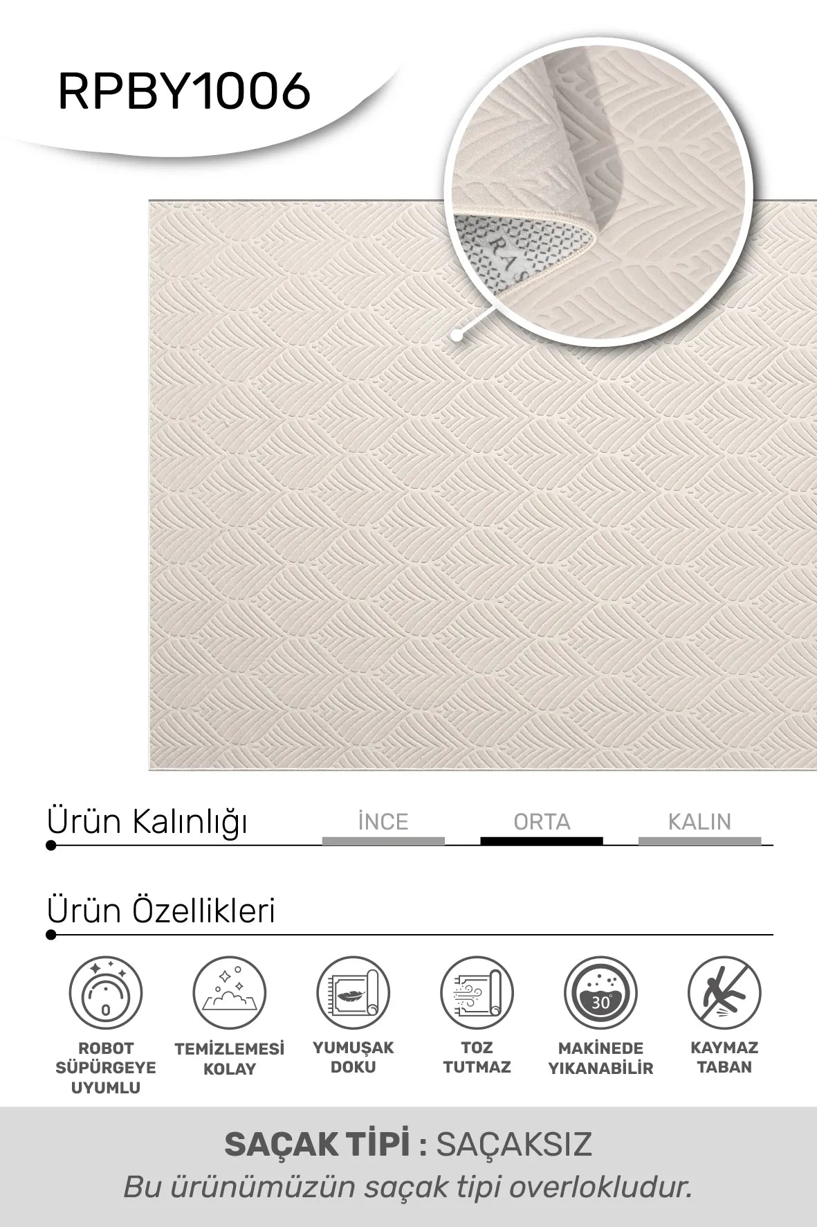 Beyaz Kabartma Dalga Desenli Yıkanabilir Halı
