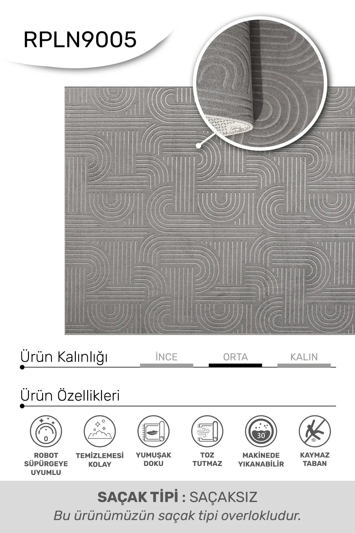 Antrasit Kabartma Geometrik Desenli Yıkanabilir Halı