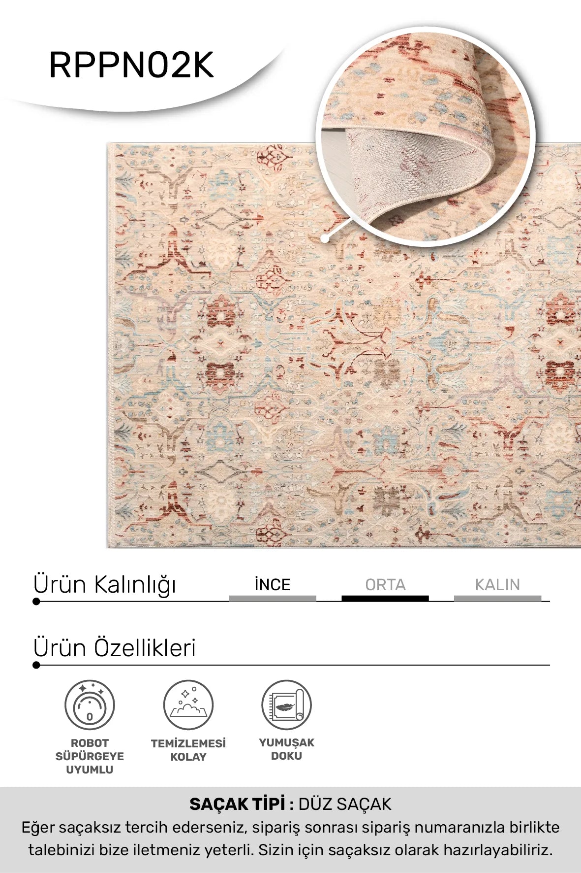 Krem ve Kiremit Vintage Çiçek Desenli Halı