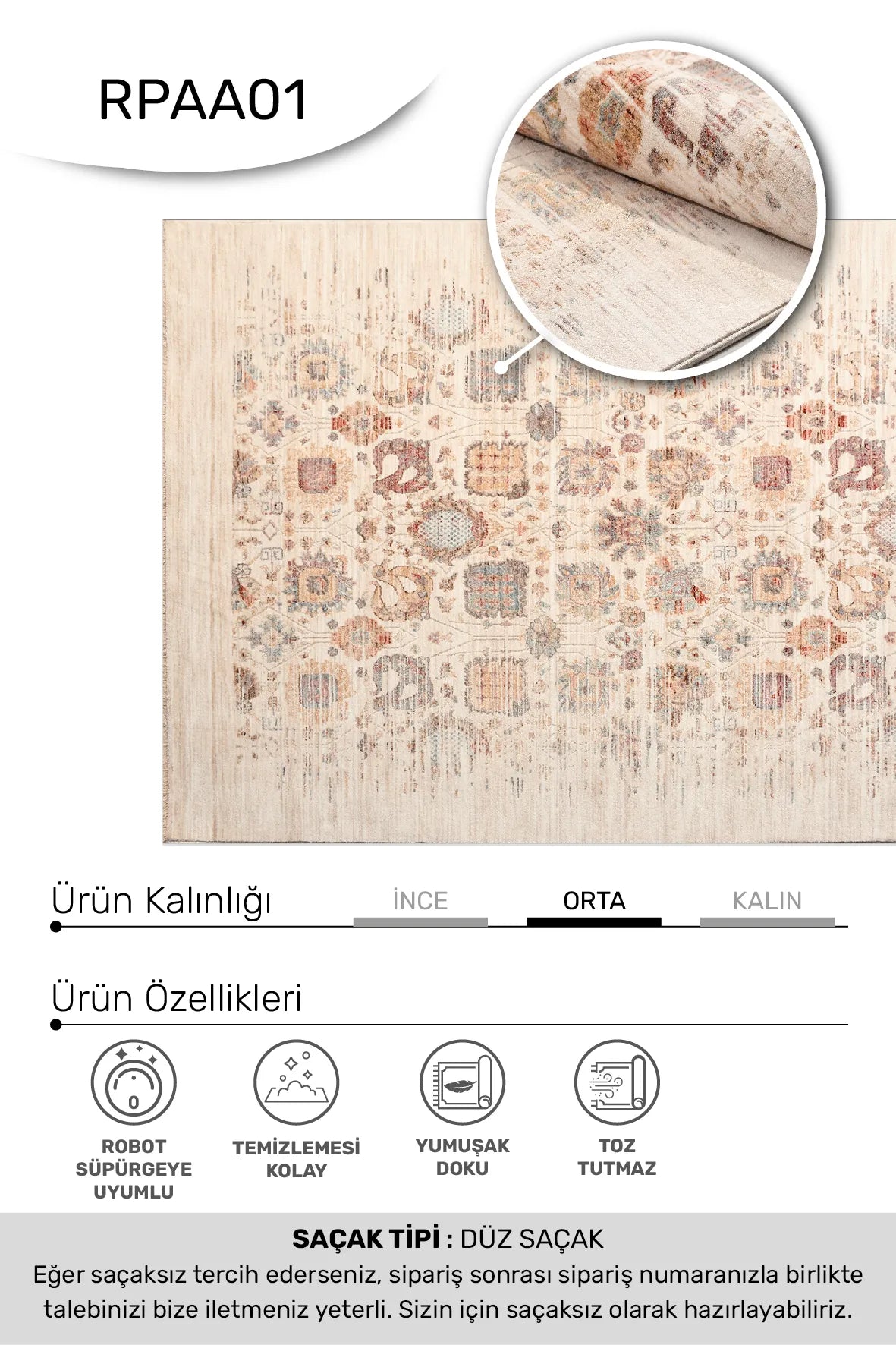 Krem Renkli Çiçek Motifli Vintage Halı