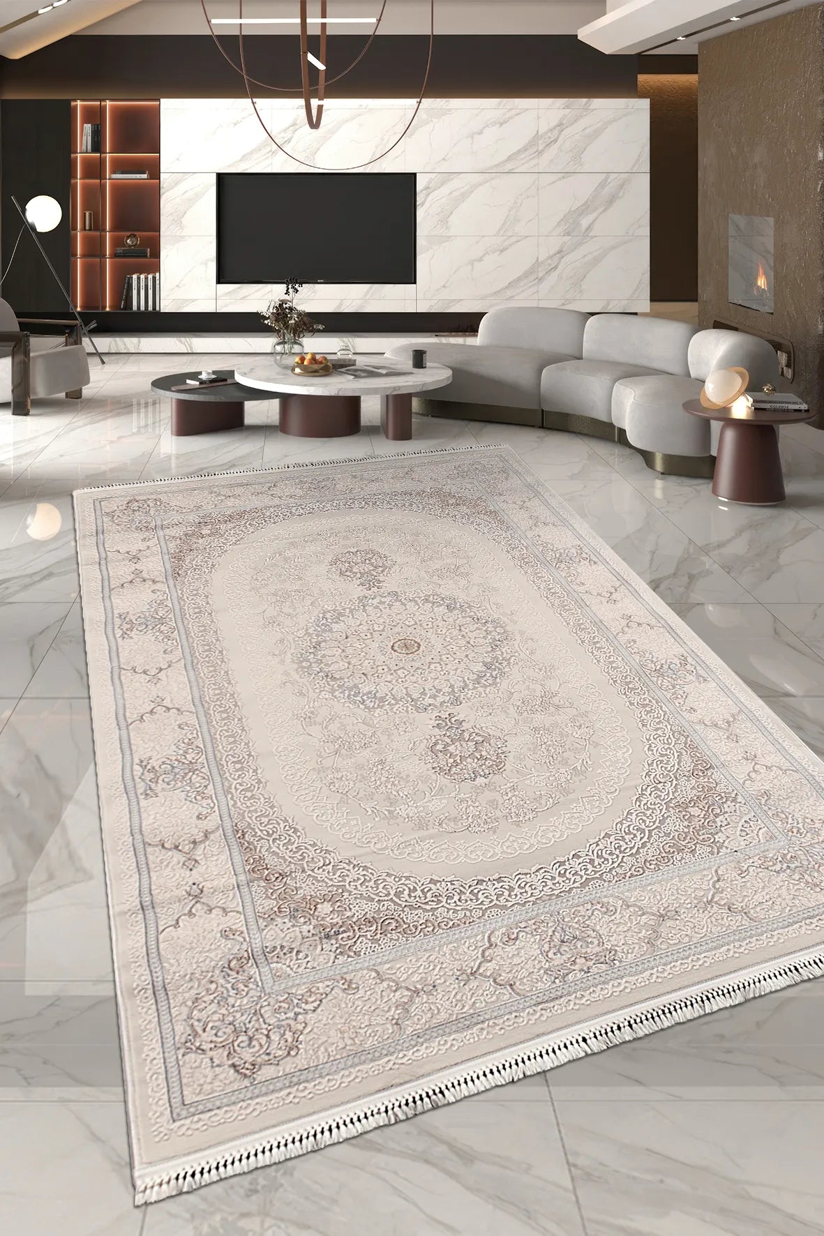 Krem ve Vizon Oval Madalyonlu Klasik Halı