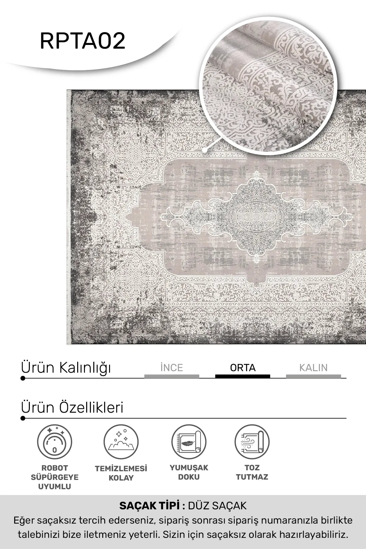 Gri ve Beyaz Eskitme Madalyonlu Klasik Halı