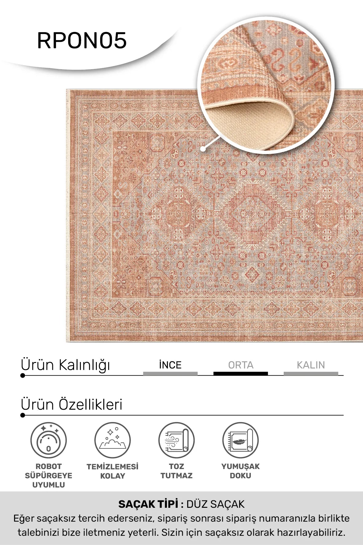 Bej ve Kiremit Eskitme Desenli Pamuk Halı