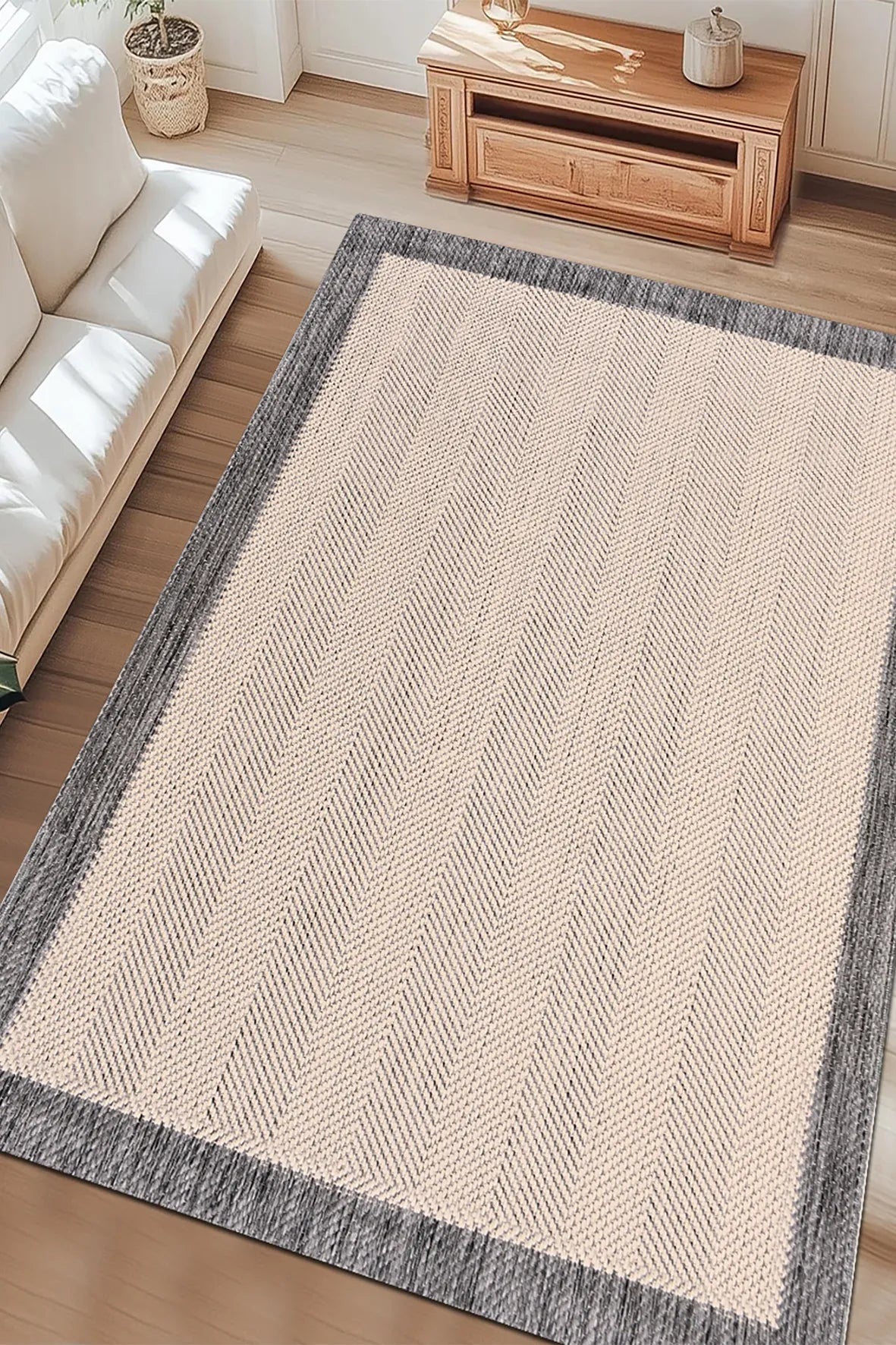 Bej ve Gri Bordürlü Sisal Görünümlü Halı