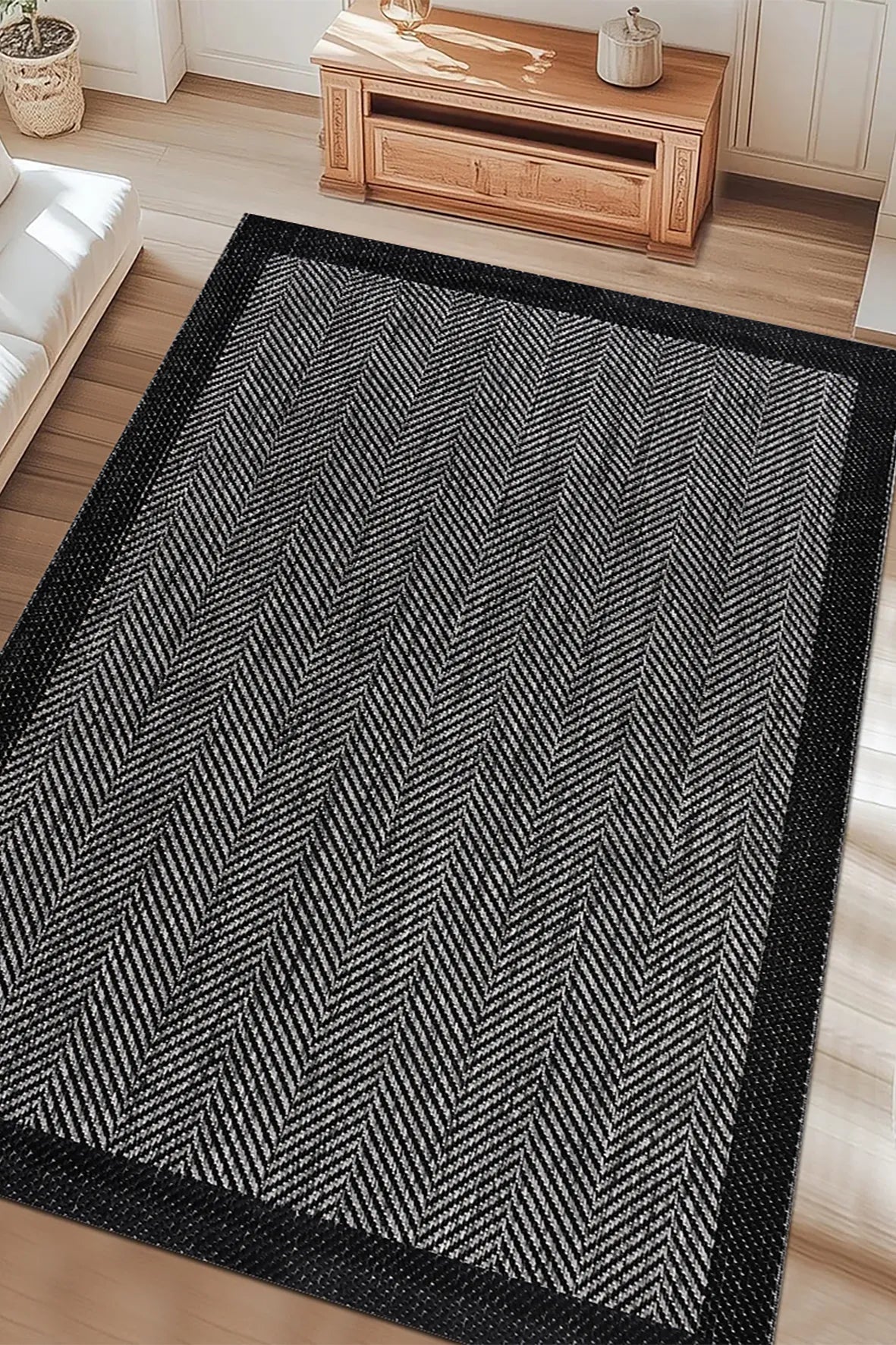 Gri ve Siyah Bordürlü Sisal Görünümlü Halı