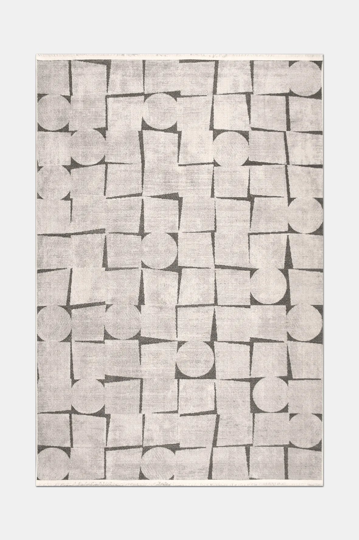 Bej ve Antrasit Geometrik Desenli Pamuk Halı