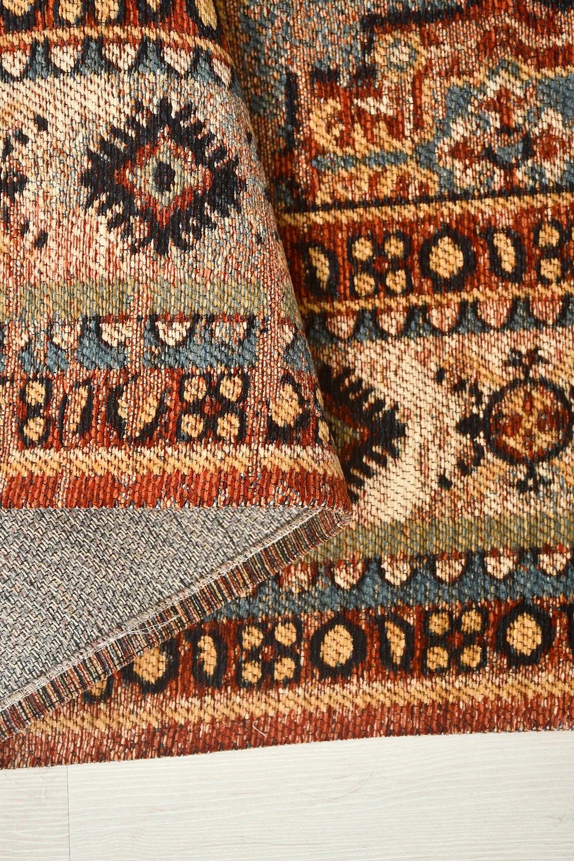 Mavi ve Kiremit Vintage Saçaklı Kilim