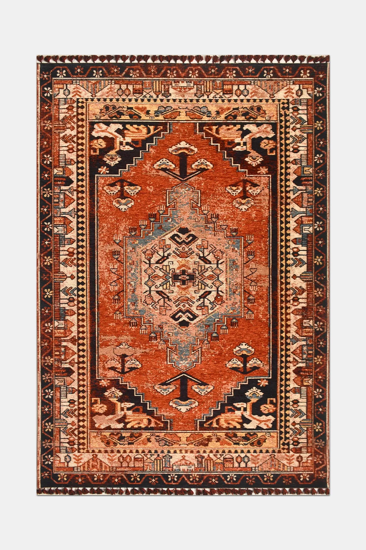 Kiremit Çiçek Motifli Vintage Saçaklı Kilim