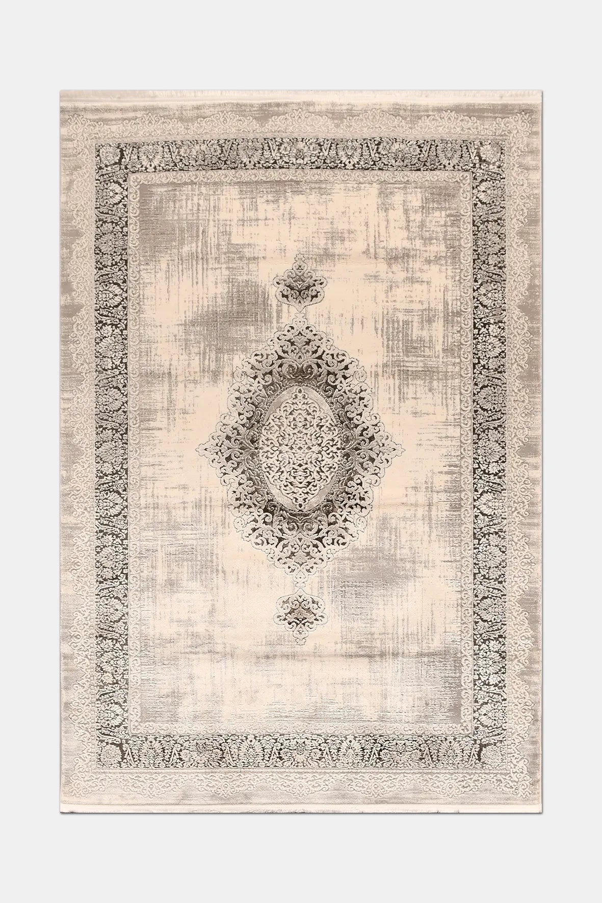 Bej ve Gri Damask Desenli Saçaklı Halı