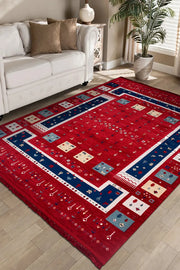 Kırmızı ve Lacivert Bordürlü Etnik Kilim