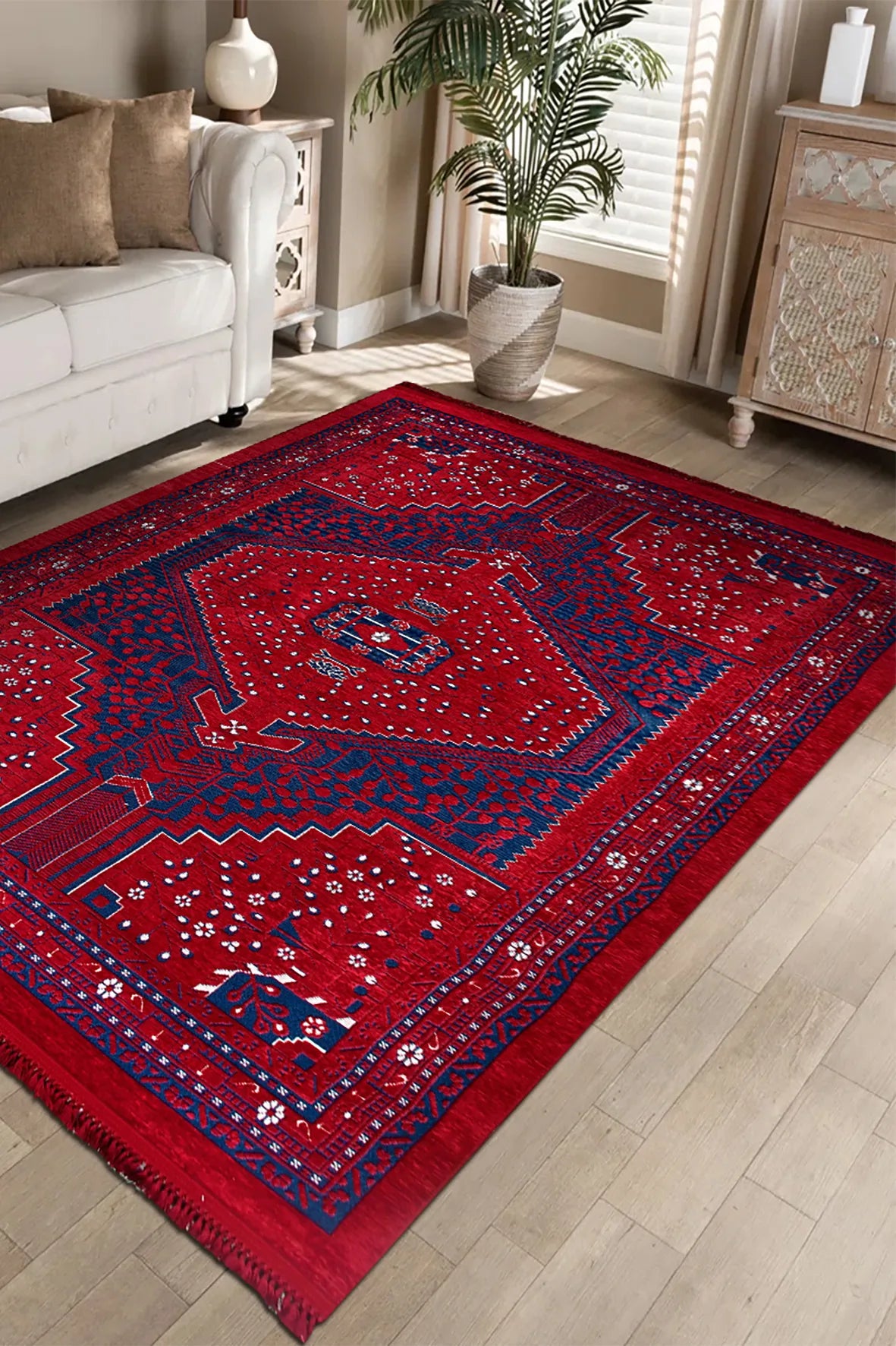 Kırmızı ve Lacivert Madalyonlu Etnik Kilim