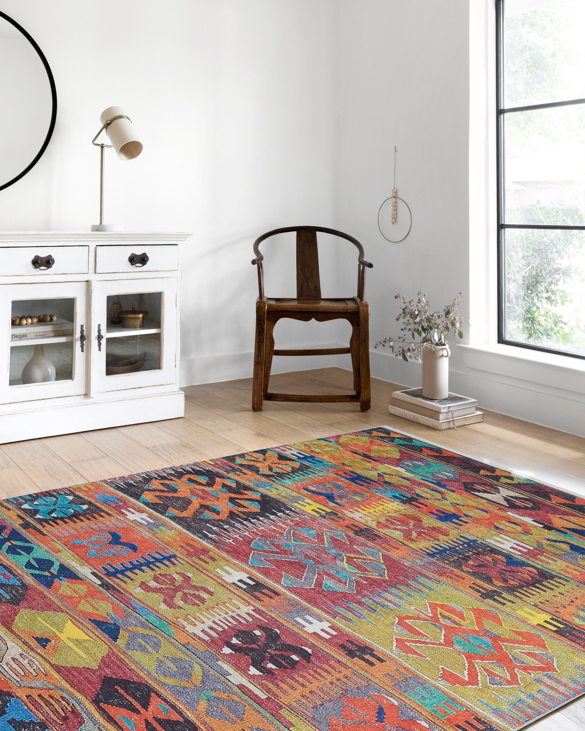 Çok Renkli Canlı Etnik Kilim Şeritli Halı