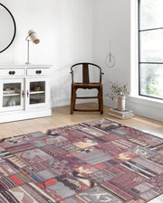 Bordo Gri Kahve Etnik Kilim Patchwork Görünümlü Halı