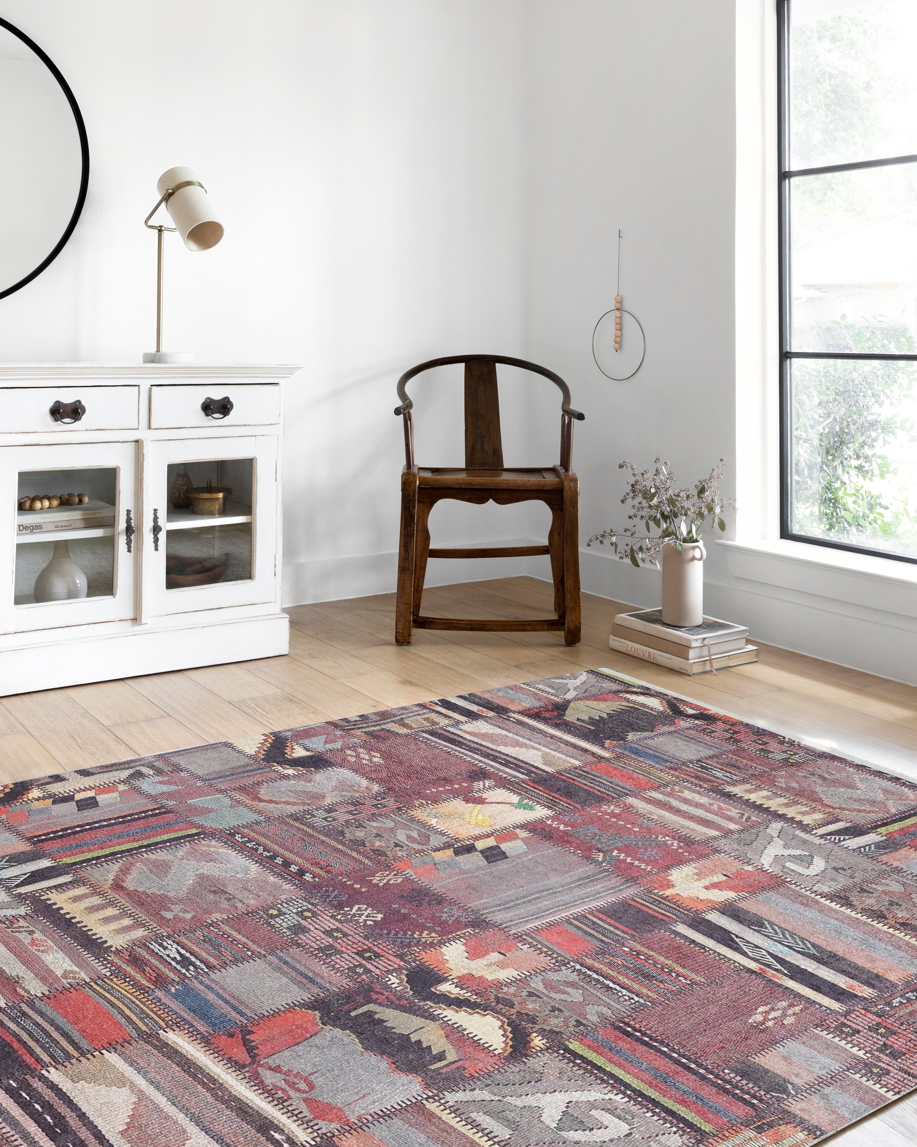 Bordo Gri Kahve Etnik Kilim Patchwork Görünümlü Halı